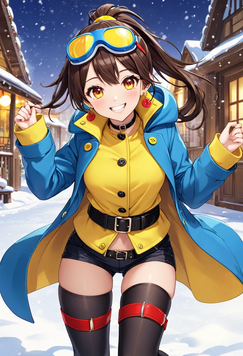 (1 girl, 25 years old, kawaii, ponytail, smiling, big smile, Excited, dark brown hair, hair between eyes, vivid red eyes, mini breasts, (wearring blue coat with yellow button:1.5), open coat,tight shirt, black tight shorts, red choker, (black leg belt on thigh:1.5),yellow snow goggles on head, cross earrings)