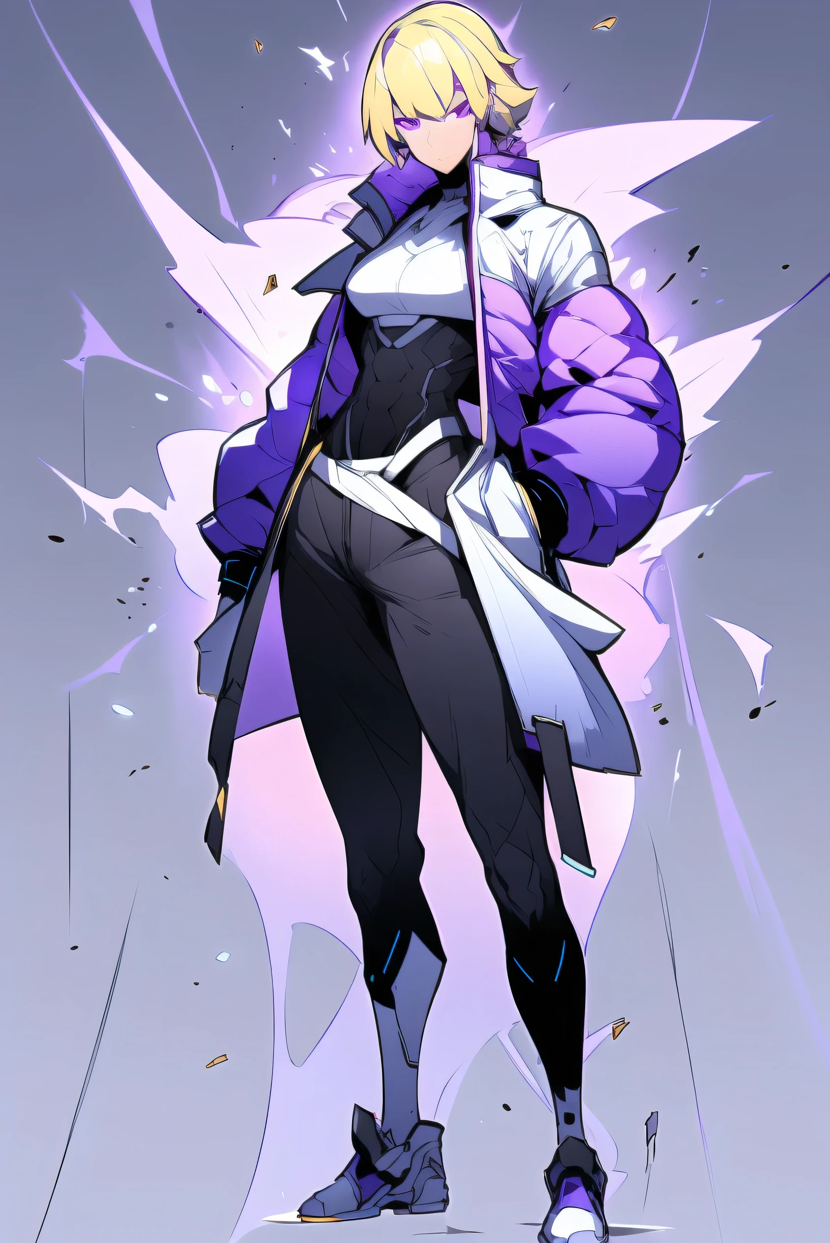 Midly Muscular woman, upperbody, blonde hair like fire, purple eyes, white gold and black outfit, mainly white oversized jacket, black pant, white shoes, fullbody view, intricate pencil sketch, expressive eyes and nose and mouth, un-zoom, highly detailed, flexing blue ice power, ice steam, ice particles