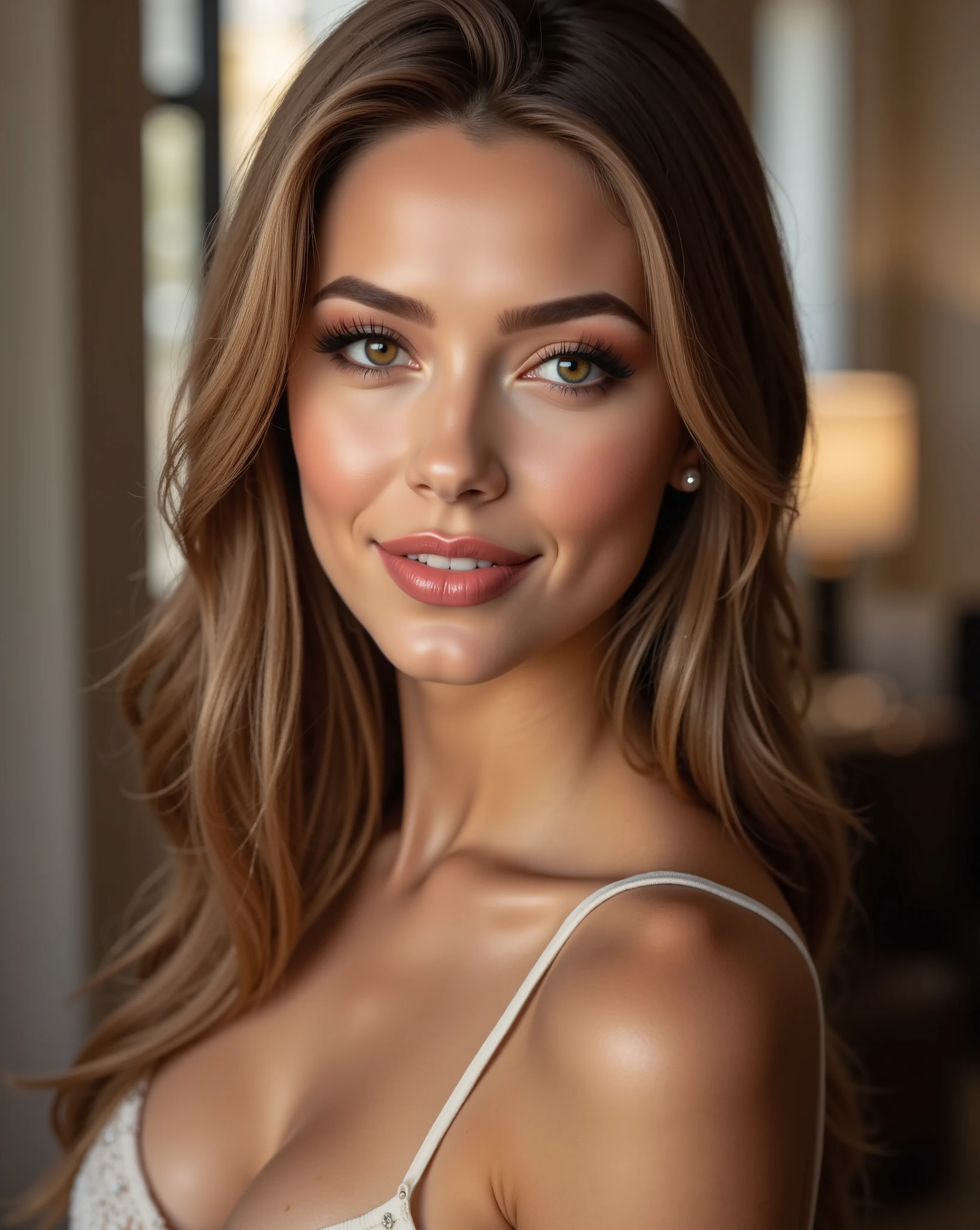 Nexia is a beautiful young woman of 22 years with long brown hair slightly wavy, hazel eyes, splendid bright lips, wonderful features of the face enhanced by an elegant makeup, eyeliner and mascara. Has a long and slim body, natural medium breast, narrow hips and long skinny legs, long thin neck, nails dark-red painted, solo. Smiling
super realistic, highly detailed, sexy, iPhone 14 Pro Max camera, Merger_mati_catentes, (twilight:1.2) , (soft lighting:1.2), (dubai :1.2), photorealistic, raw, textured skin, skin pores, intricate details, epiCRealism