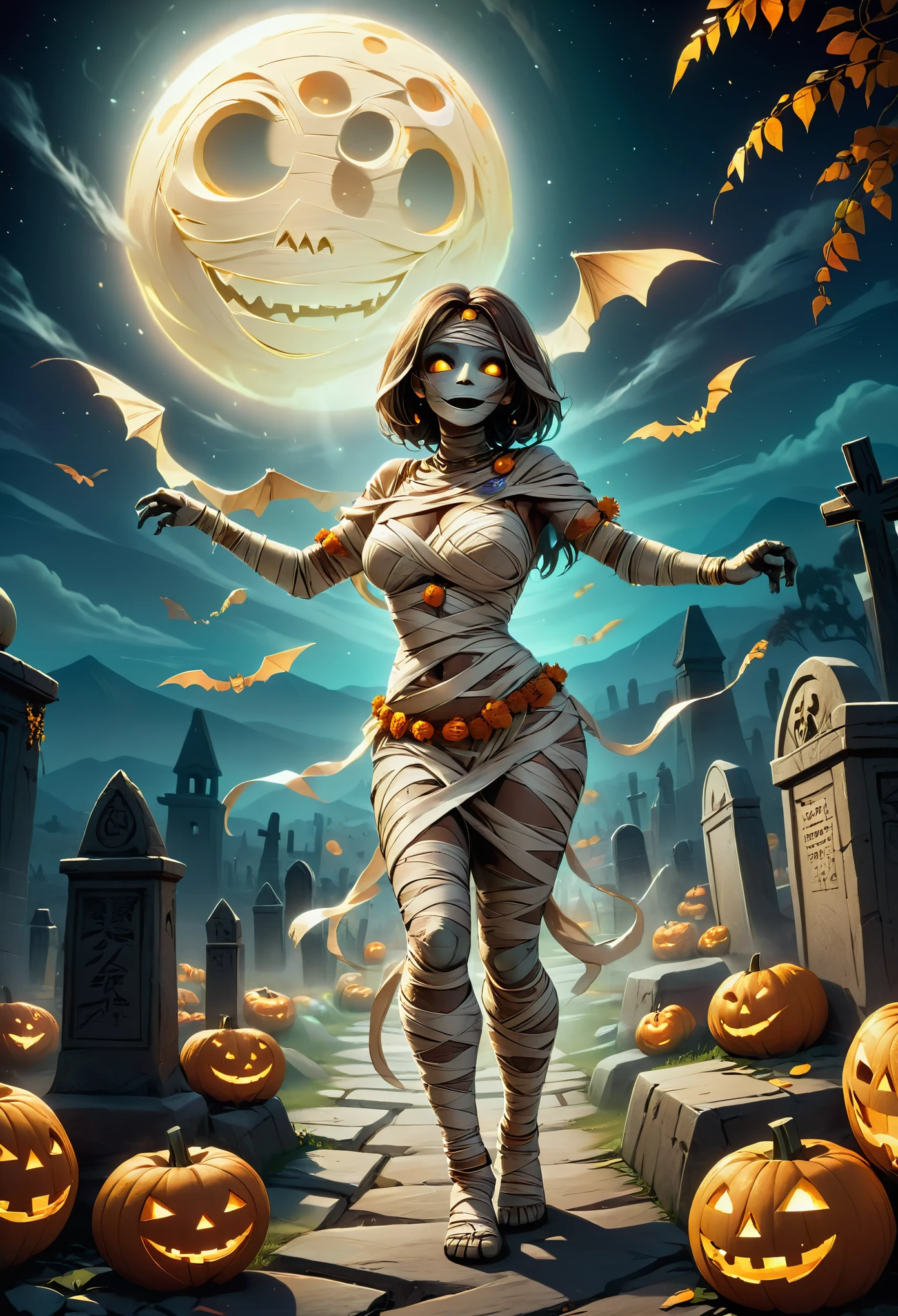 Illustration of charismatic mummy wrapped in artfully crafted bandages, mummy dancing with vibrant energy, exhilarating, cinematic scene, like the climax of a film, in a dimly lit, atmospheric graveyard, cleverly illuminated under a huge, majestic moon, Jack O'Lanterns cast dramatic shadows and enhance the cinematic atmosphere, a giant, majestic The Jack O'Lanterns cast dramatic shadows and heighten the cinematic atmosphere. Masterpiece, Best Quality
