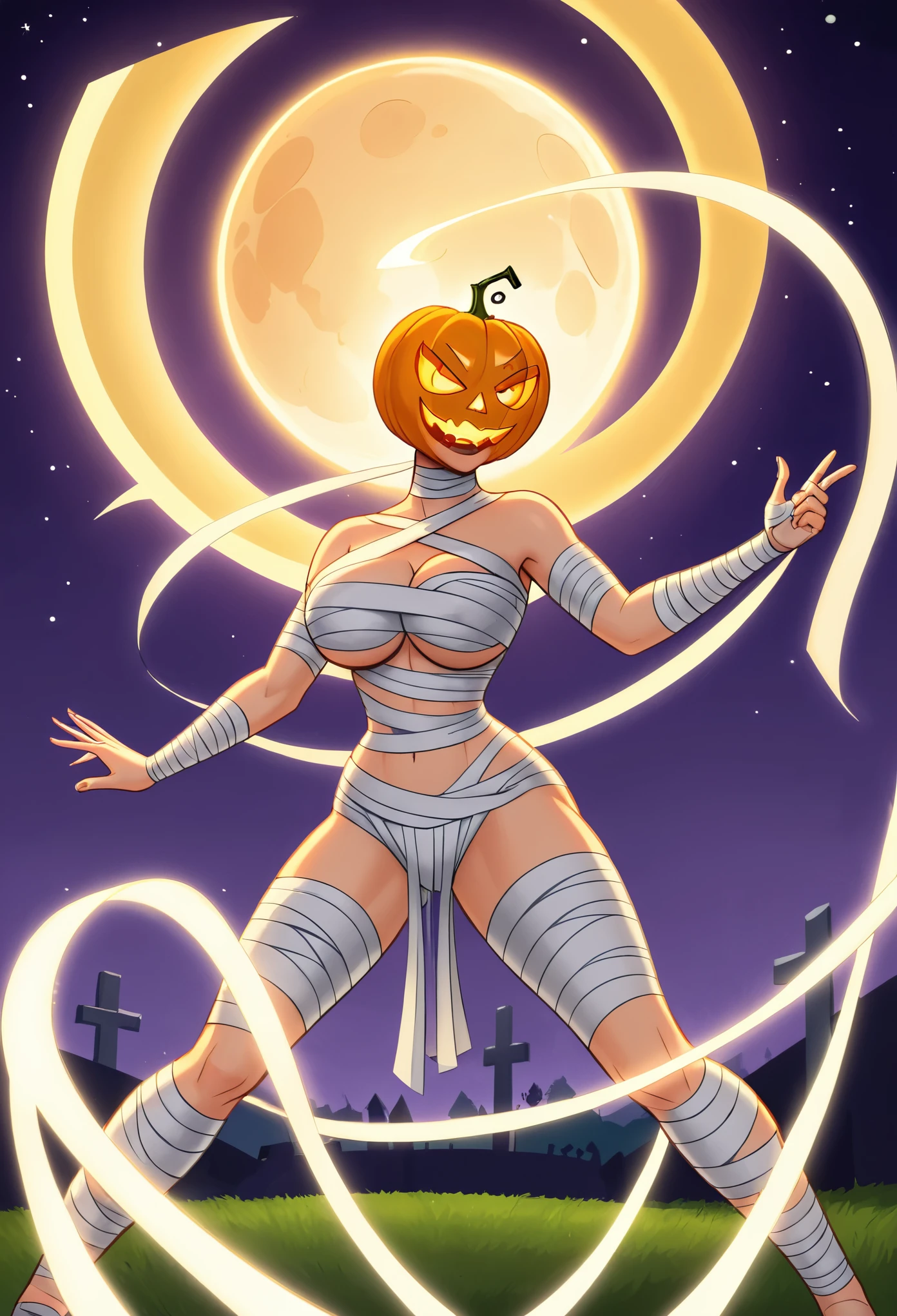 Illustration of charismatic mummy wrapped in artfully crafted bandages, mummy dancing with vibrant energy, exhilarating, cinematic scene, like the climax of a film, in a dimly lit, atmospheric graveyard, cleverly illuminated under a huge, majestic moon, Jack O'Lanterns cast dramatic shadows and enhance the cinematic atmosphere, a giant, majestic The Jack O'Lanterns cast dramatic shadows and heighten the cinematic atmosphere. Masterpiece, Best Quality
