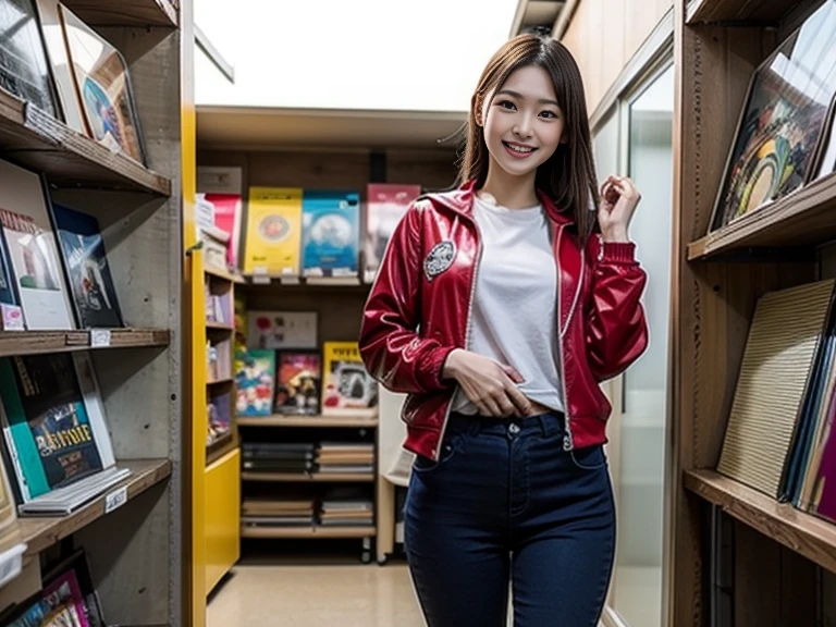 Record Shop、checked pants 、(( best quality )), ((masterpiece)), ( Details),  1 girl, sexy nasty calves、29 years old、Red jersey jacket、Height: 167cm、 Beautiful Woman in Memories 、Years、look up、smile、