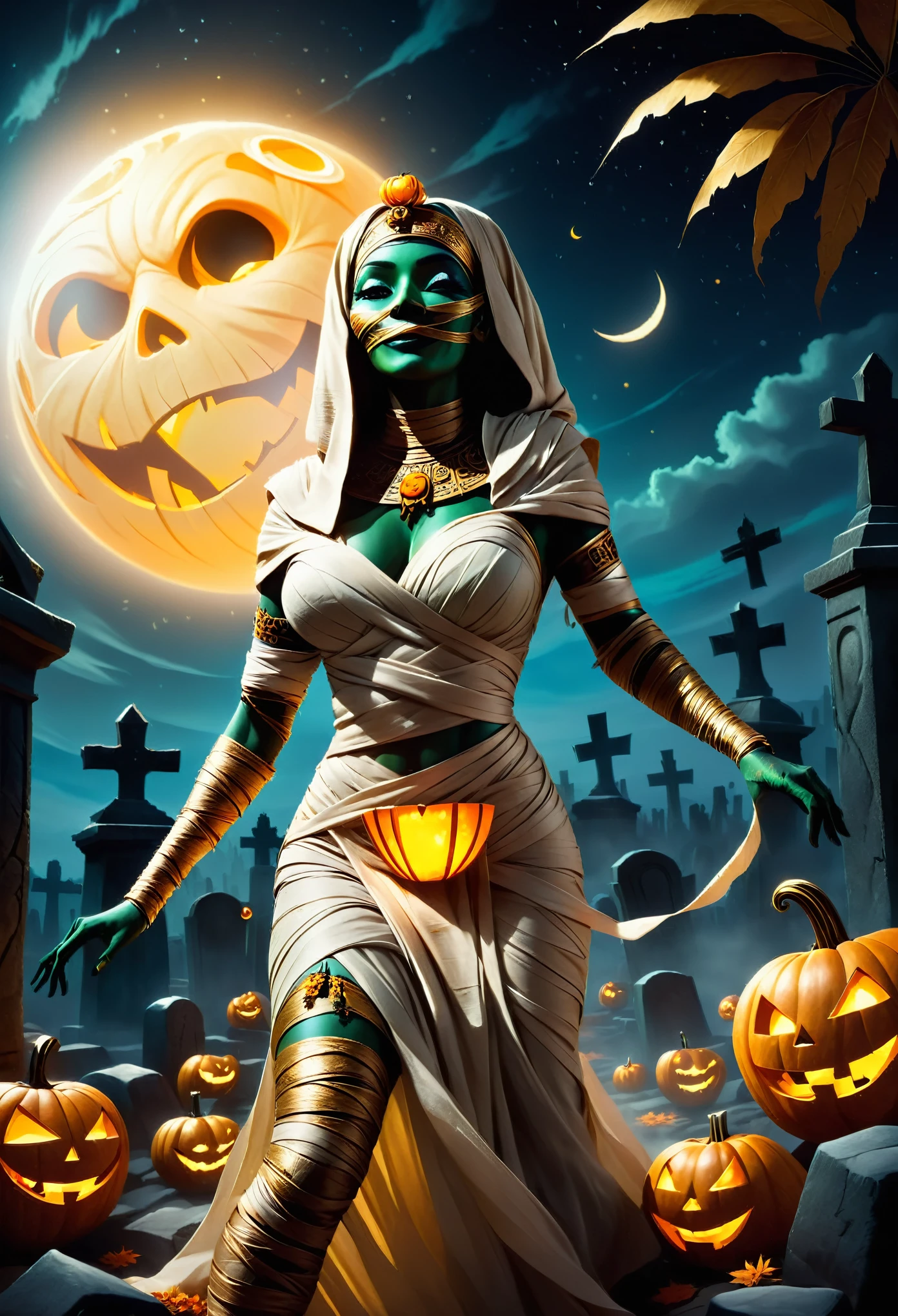 Illustration of charismatic mummy wrapped in artfully crafted bandages, mummy dancing with vibrant energy, exhilarating, cinematic scene, like the climax of a film, in a dimly lit, atmospheric graveyard, cleverly illuminated under a huge, majestic moon, Jack O'Lanterns cast dramatic shadows and enhance the cinematic atmosphere, a giant, majestic The Jack O'Lanterns cast dramatic shadows and heighten the cinematic atmosphere. 
Masterpiece, Best Quality