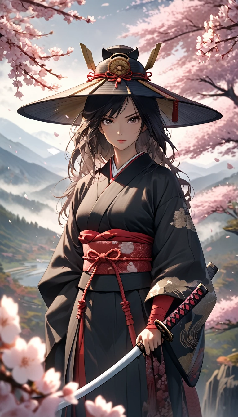 A captivating portrait of a Samurai Maiden standing with a poised yet fierce expression, holding a beautifully crafted katana. She wears traditional samurai attire with intricate details, embodying both strength and grace. Her attire combines flowing robes and lightweight armor, meticulously adorned with subtle patterns and symbols that reflect her warrior heritage. She wears a detailed, wide-brimmed samurai hat, intricately woven and decorated, casting a slight shadow over her face, adding to her enigmatic presence. Her surroundings are serene, with soft cherry blossoms floating in the air against a misty, mountainous backdrop, contrasting her poised, battle-ready stance. The scene evokes a blend of tranquility and tension, paying homage to the ancient samurai ethos.