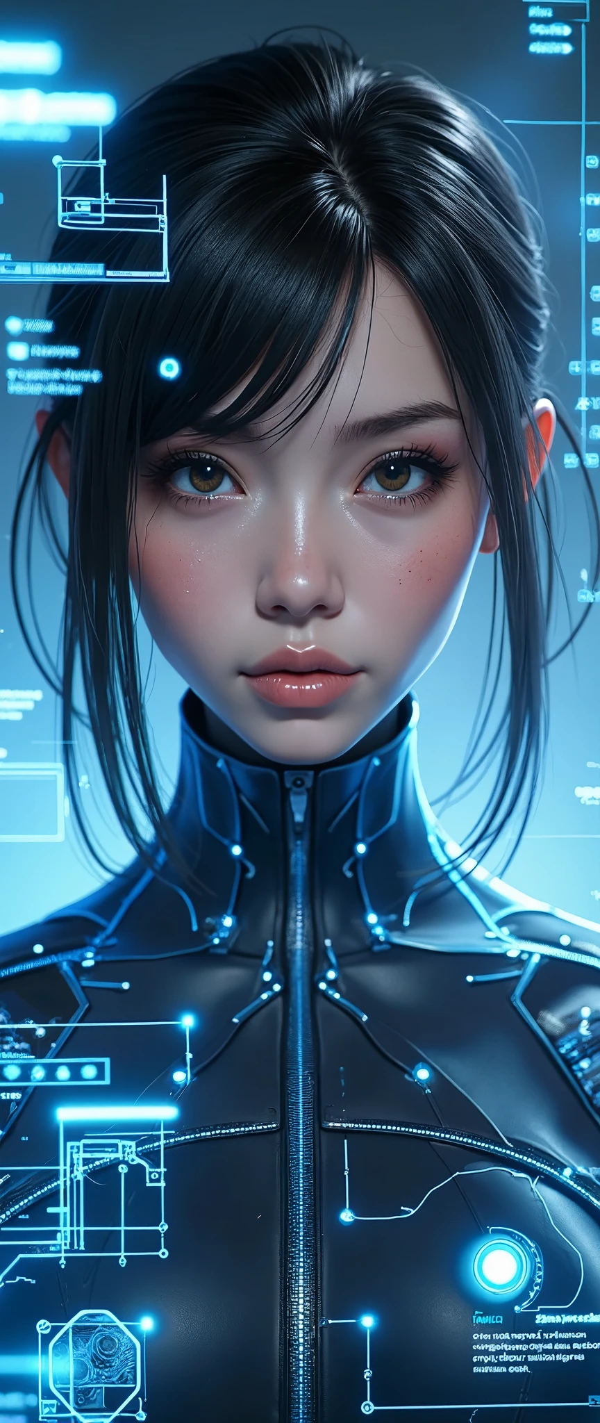 (masterpiece:1.2,Exceptional Quality,Mirror-like, movie-like experience, photorealistic:2.0,RAW Photos:2.0,Super detailed),8k,wallpaper,(Representing blueprints through holograms:2.0),(Beautiful woman:2.0),Female Cyborg,(Female Cyborgの設計図:2.0),(Draw the front view:2.0),(Avant-garde design:2.0),(Drawing detailed blueprints:2.0),(Beautiful Face,beautiful eyes,Beautiful Hair),(3D Animation:2.0)