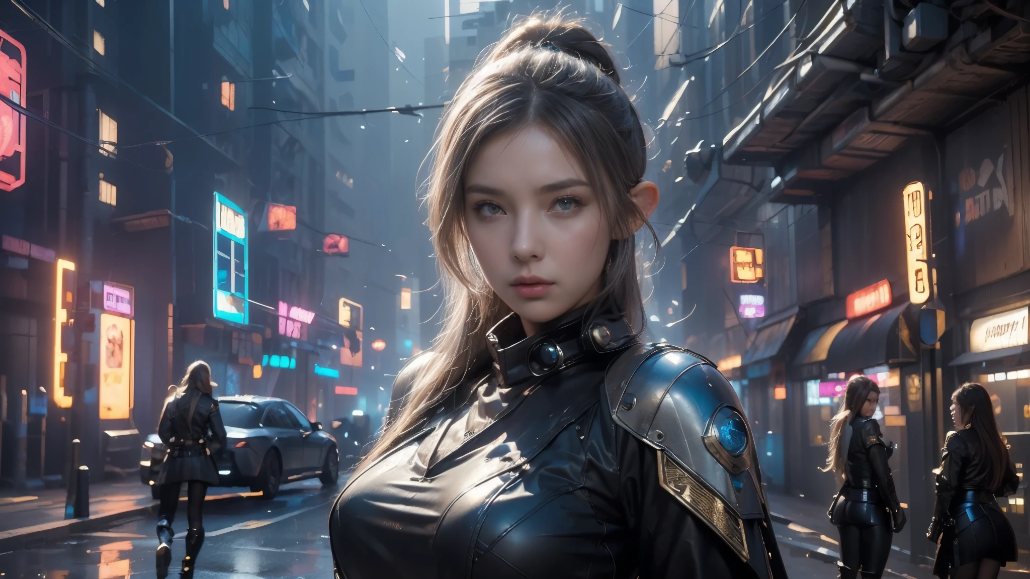 masterpiece, high resolution,8K,(Portrait Photos:1.5),(R Original Photo),Reality,Digital Photography,( fusion of cyberpunk and fantasy),(Female Soldiers),20-year-old female elf,(Big , Accessories, close your mouth ,Elegant and charming,Serious and arrogant,Calm and handsome,Combination of cyberpunk and fantasy style clothing,Hollow carving design,Big ，Combined Armor,Photo poses,Realistic style,oc rendering reflection texture，sentry，Cyberpunk-style future city，Medium distance photography