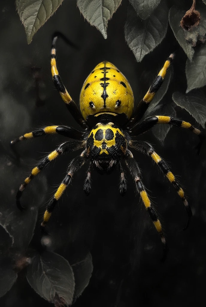 Argiope Brünnich, or wasp spider, bright yellow-black color hanging on a raspberry bush. Acute attacks of terror. a disturbing and grotesque world, with a muted palette and dry brush technique, creating a feeling of hopelessness, desolation, hopelessness, dirt, dark monochrome background. (Minimalism: 1). Ideal body anatomy.
