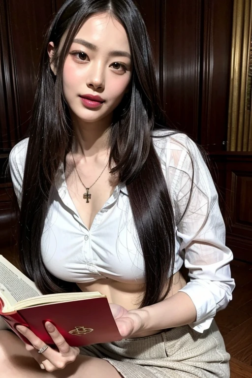 8K, HDR, Realistic, high resolution, 1women, solo, hips up, look at viewer, hands on breast, (detailed face), modelling, brunette hair, long hair, loose oversized shirt, jewelry, belly tattoo, seductive smile, seductive flirty looks,sitting on her knees, reading book