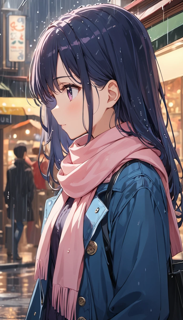 masterpiece, Sheltering from the Rain, Shopping Street,  wet hair, Her profile, Hero's Perspective , light rain,  A Moment of Everyday Life, long haired anime girl with pink scarf and blue jacket,  cute girl anime visual,   Anime Moe Art Style  ,  cute anime girl, smooth anime cg art,  charming anime girl ,  cute anime girl,  anime girl portrait ,  cute anime girl portrait,  cute anime girl portraits,  Young Anime Girl , Anime Best Girl,   beautiful anime girl , portrait of  cute anime girl