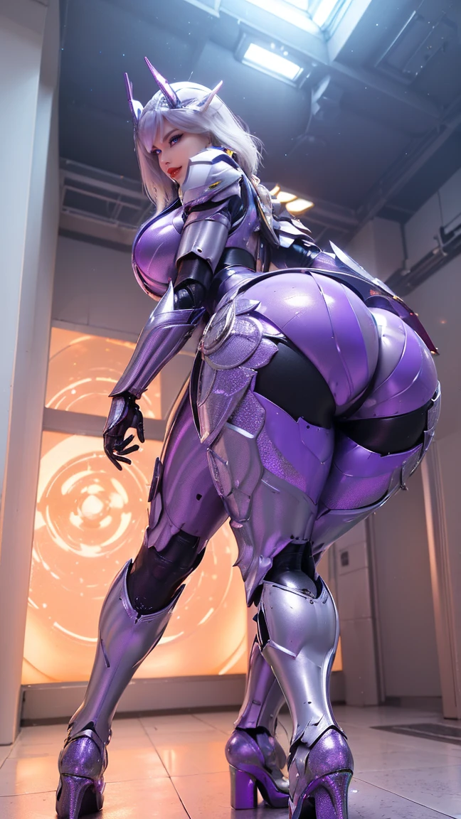 Beautiful girl with gray hair (NSFW), ( one girl shaking her hips, Alone, Alone), ( Phoenix Gold Helmet ), (Big Ass, Huge fake breasts:1.5), (:1.5), (Bare Muscle Abs:1.3), (Mecha Guard Arms:1.1), ( Purple Sparkling Futuristic Mecha Bikini ,  Black Mecha Skin Tights Pants , MECHA GUARD ARMOR LEGS,  High Heels :1.5), (Sexy Bear  , Glowing skin sweat,  sexy long legs :1.1), ( Viewers :1.3), (Female focus:0.9), ( Walk Down Futuristic Space Station Hallway:1), (Bright light white_room:1.3),  Look Half Body , 4X MSAA,  Unreal Engine Rendering ,  Physically Based Rendering,   super high resolution  , 16k, 1080P.