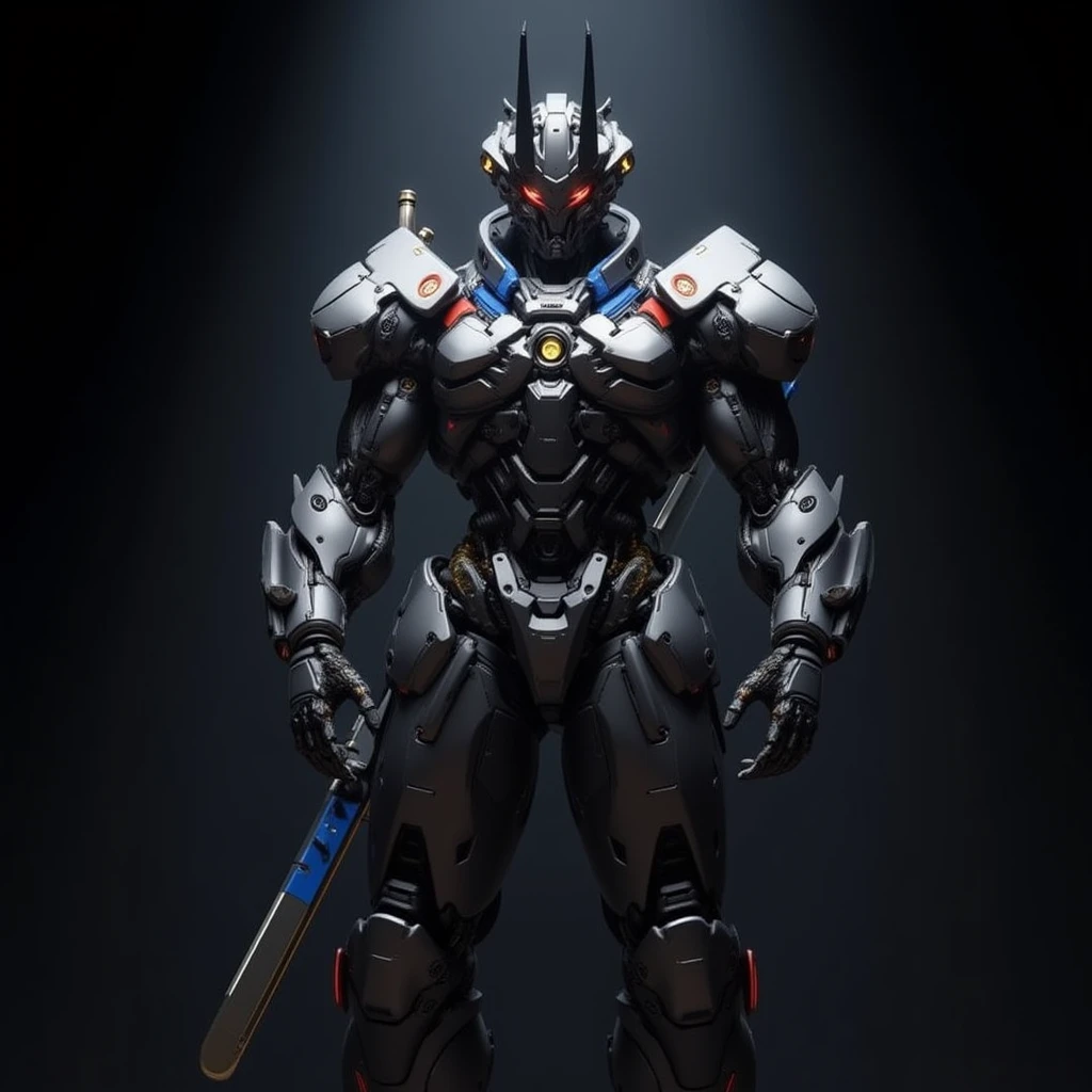 A towering futuristic robot with a sleek, metallic body stands. The big robot has a majestic appearance with like silver, blue, red, and gold, giving it a heroic and timeless look. It features angular armor, prominent black horns, and intricate details in the joints and limbs. The background is dark, allowing the robot's metallic reflections to shine brightly under the dramatic lighting. The design emphasizes strength, resilience, and advanced technology, reminiscent of classic Japanese mecha anime style. High contrast, photorealistic textures, cinematic lighting. by style Prometheus film Sci-fi/Horror. 