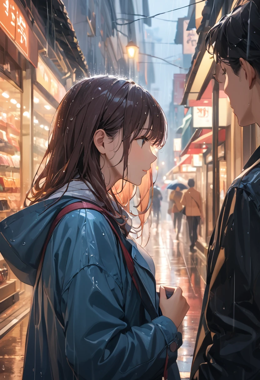 masterpiece, Sheltering from the Rain, Shopping Street,  wet hair, Her profile, Hero's Perspective , light rain,  A Moment of Everyday Life