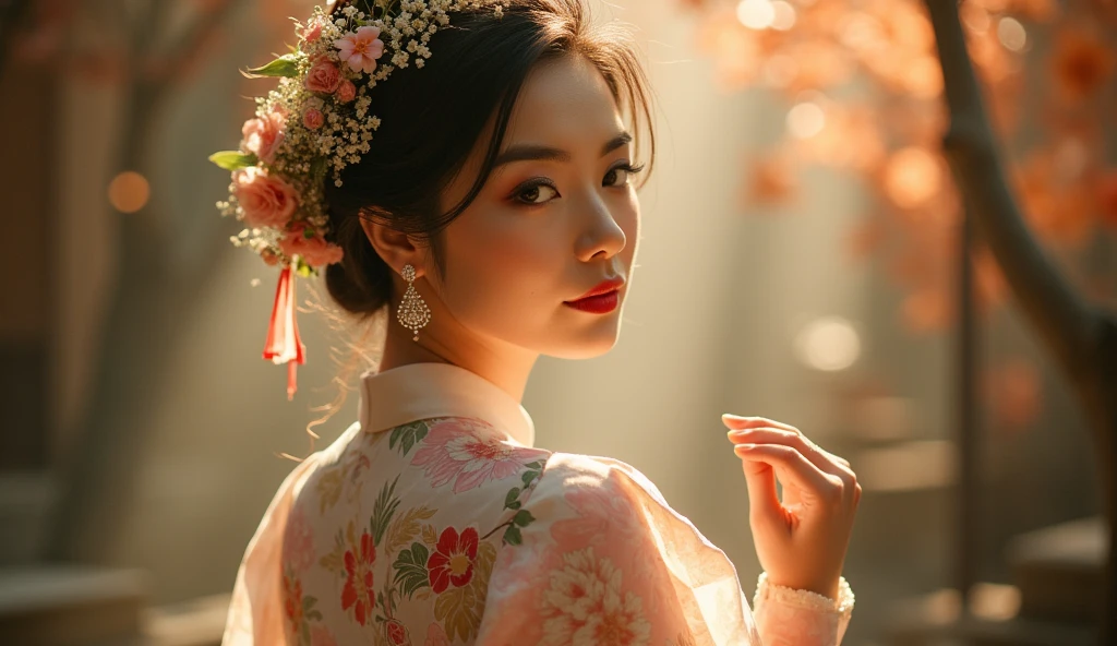 A stunningly beautiful Vietnamese woman wearing a traditional ao dai, adorned with exquisite jewelry, in a dreamy, artistic, and enchanting style. The background is mystical and impressive, featuring soft, ethereal lighting with hints of Vietnamese cultural elements, creating a sense of elegance and timelessness. The jewelry sparkles subtly, highlighting her serene beauty. The scene is balanced with artistic composition, soft colors, and delicate textures, capturing the elegance and allure of Vietnamese tradition. Ultra-realistic, cinematic lighting, with intricate details in both the attire and background