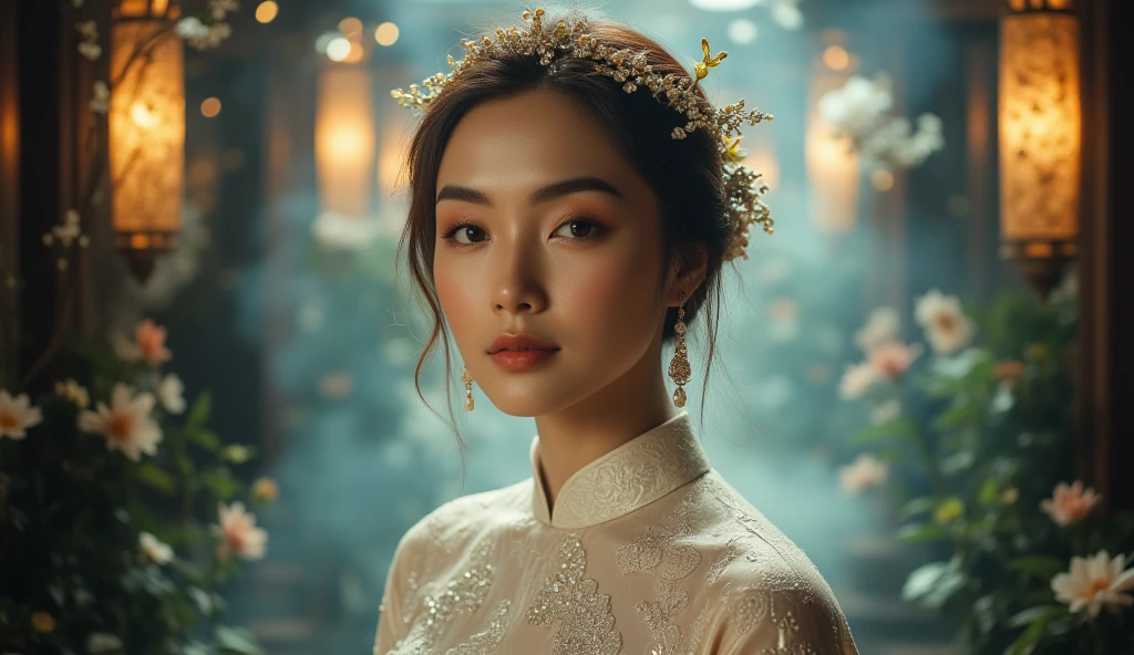 A stunningly beautiful Vietnamese woman wearing a traditional ao dai, adorned with exquisite jewelry, in a dreamy, artistic, and enchanting style. The background is mystical and impressive, featuring soft, ethereal lighting with hints of Vietnamese cultural elements, creating a sense of elegance and timelessness. The jewelry sparkles subtly, highlighting her serene beauty. The scene is balanced with artistic composition, soft colors, and delicate textures, capturing the elegance and allure of Vietnamese tradition. Ultra-realistic, cinematic lighting, with intricate details in both the attire and background