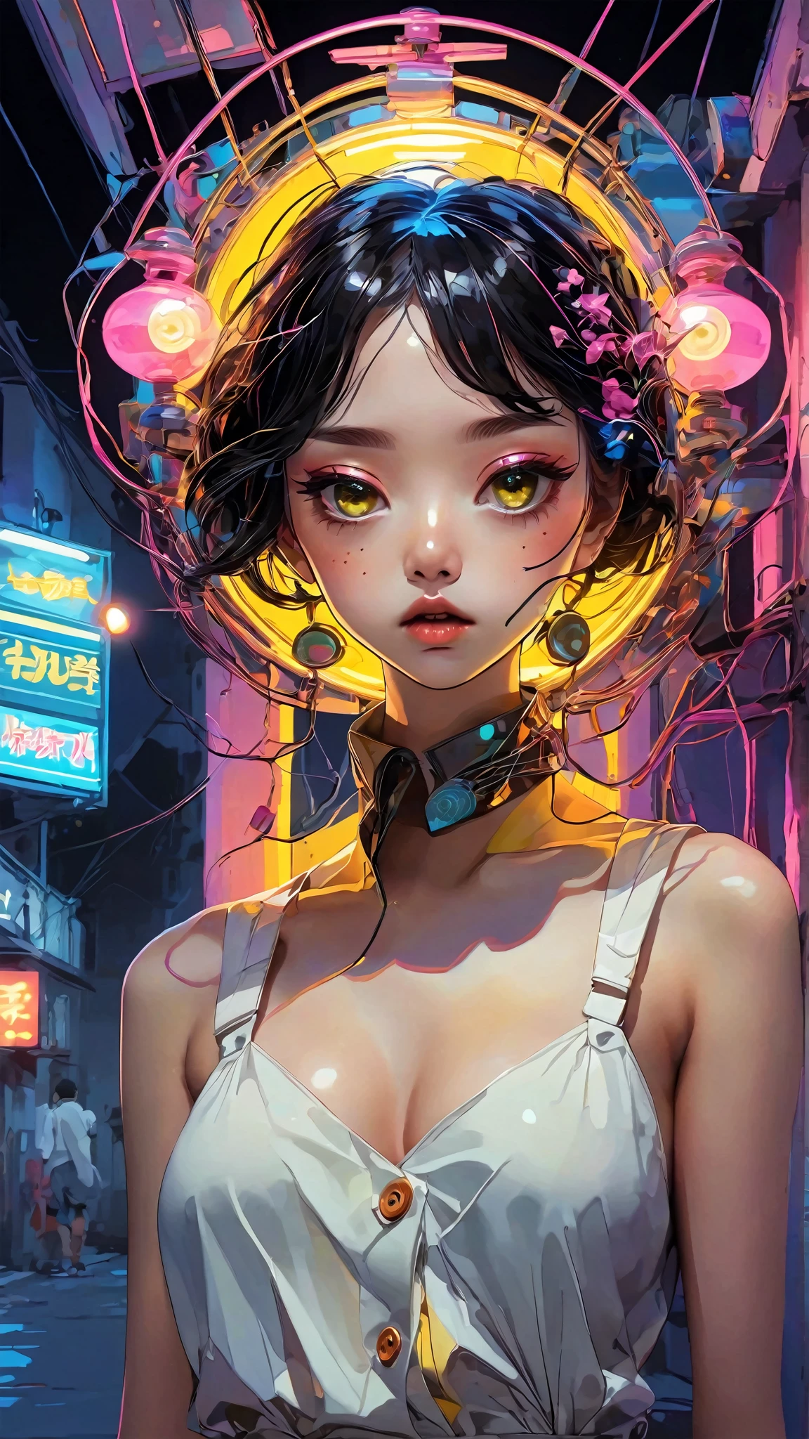 geisha, big eyes, ulzzang, wires, buttons, circuits, vines, twigs, nature, science, dramatic, sexy, romanticism, cyberpunk, neo-classical, experimentalism, baroque, impressionism, expressionism, unexplained beauty, avant garde, art deco, art nouveau, vivid neon colors, (pink, yellow, and orange neon color palette), cubism, geometry, architecture, (playing a handheld gameboy), video game console, insane detail, 16k, video filter, light ray tracing, reverberation, illumination, cleavage, 