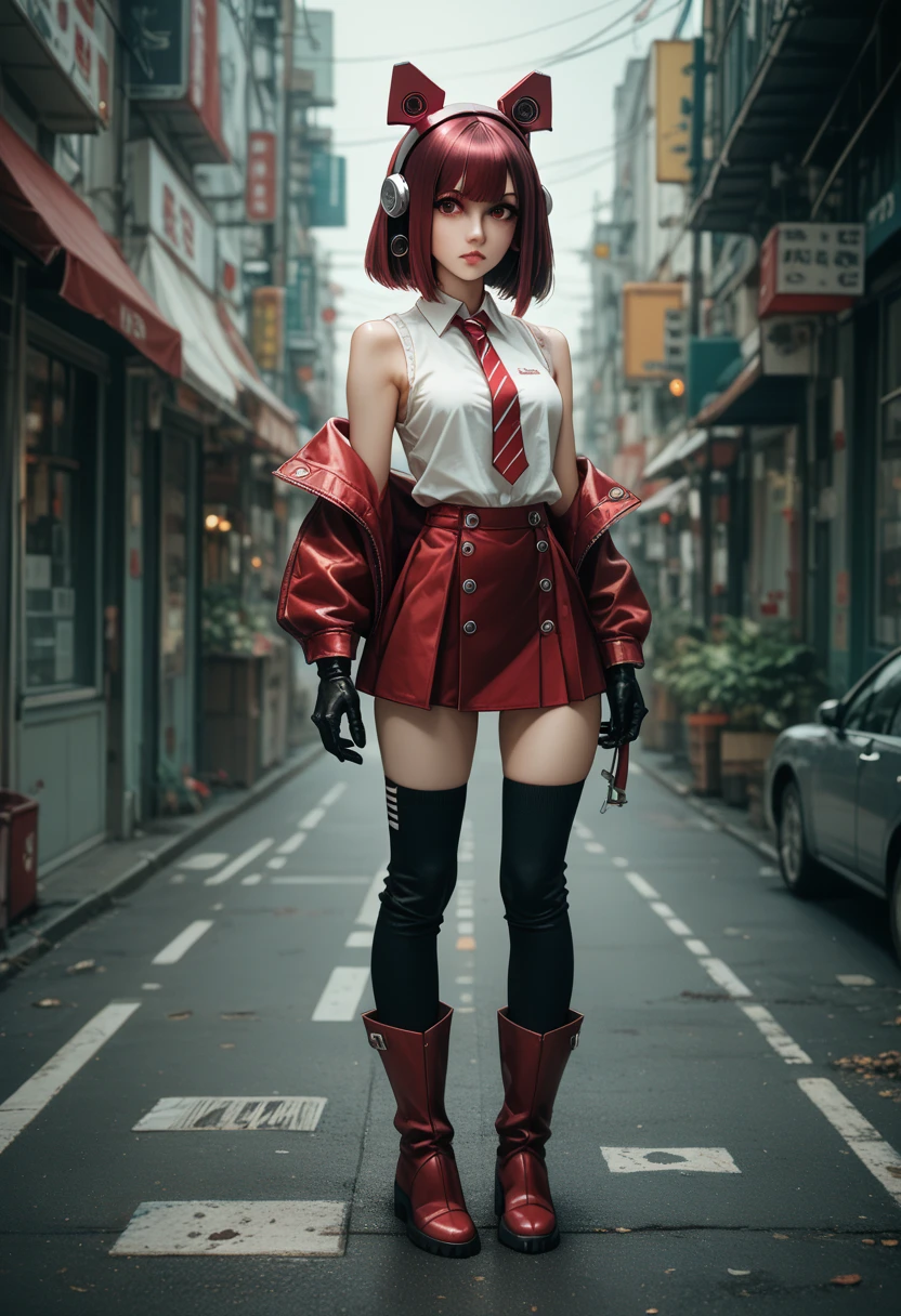 (high resolution)(nsfw)（Center Street）(Full body view) 1girl((female ) (garnet hair、 Medium Bob Style ,Robot Ears )（ Enamel Short Jacket , Sleeveless Cutter Shirt、 Simple Line Ribbon Tie , Anshimetai Skirt、 thigh high socks、 Long Gloves , short boots）()()