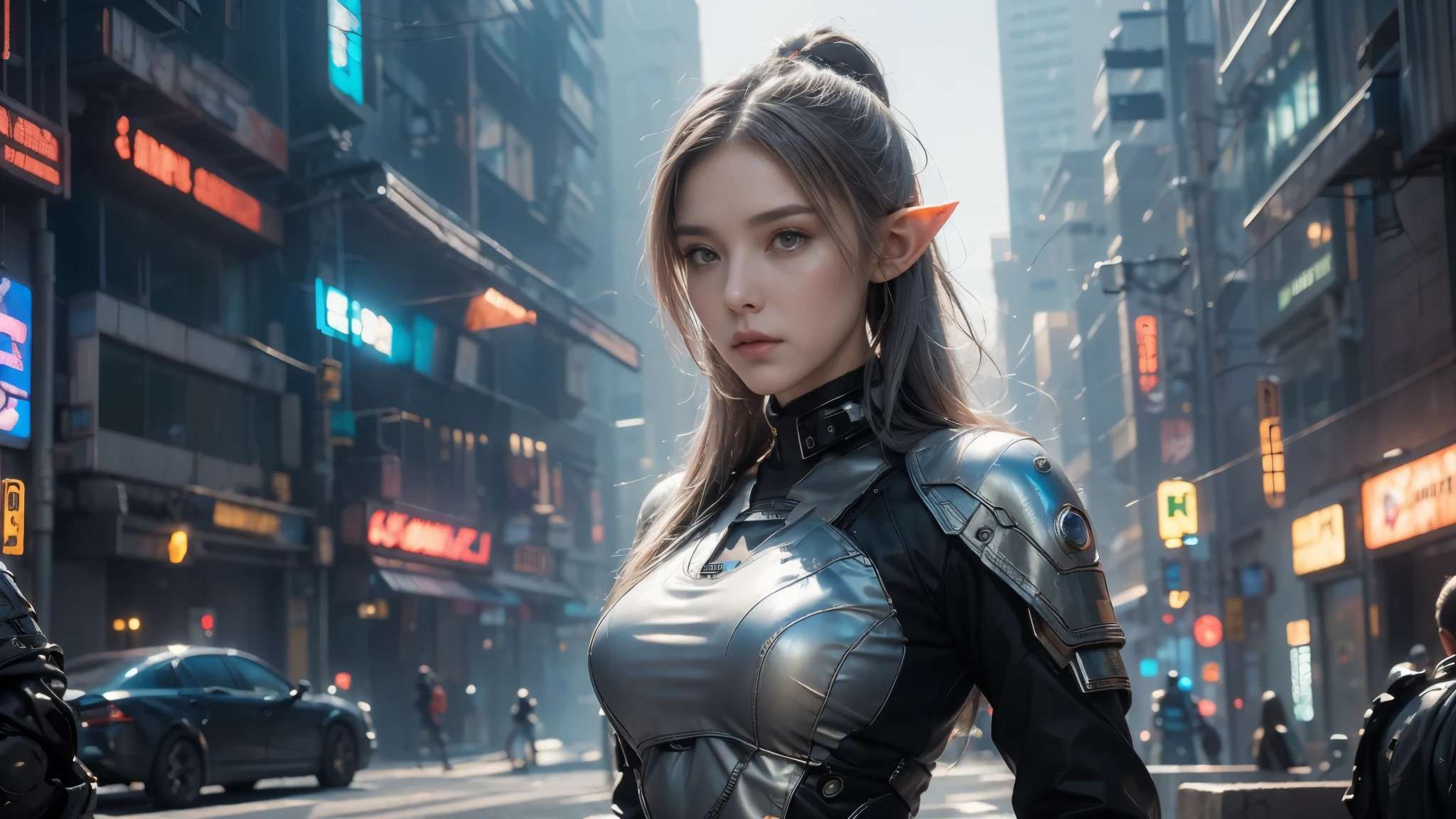 masterpiece, high resolution,8K,(Portrait Photos:1.5),(R Original Photo),Reality,Digital Photography,( fusion of cyberpunk and fantasy),(Female Soldiers),20-year-old female elf,(Big , Accessories, close your mouth ,Elegant and charming,Serious and arrogant,Calm and handsome,Combination of cyberpunk and fantasy style clothing,Hollow carving design,Big ，Combined Armor,Photo poses,Realistic style,oc rendering reflection texture，sentry，Cyberpunk-style future city，Medium distance photography