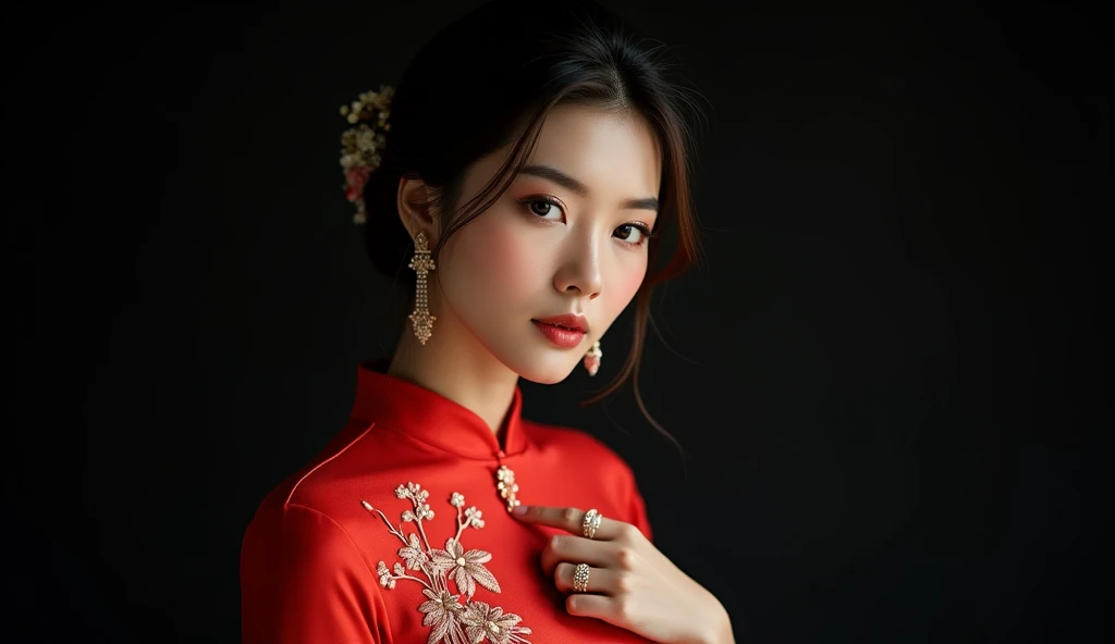 A beautiful Vietnamese woman wearing a traditional ao dai, adorned with delicate jewelry, in a clear, dreamy, and soft style. The black background is gentle and minimal, with natural lighting creating a pure, serene atmosphere. Her jewelry sparkles subtly, enhancing her graceful beauty. The image is simple yet elegant, capturing the timeless charm of Vietnamese tradition