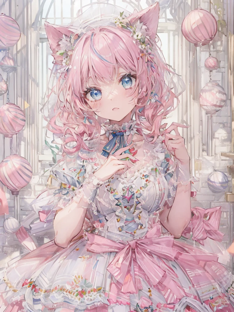 (masterpiece, insanely detailed, exquisite, beautiful, Full-HD, highres, absurdres, high quality,High resolution, 16k), pink hair, cat ears, blue eyes, anime girl, full body, blushing, heavy blush, looking at viewer, ((white and pink ball gown dress:1.1, pure white lace and frills,dress with motif of ribbons)), hair ornaments, frilly wrist cuffs, frilly collar, frills