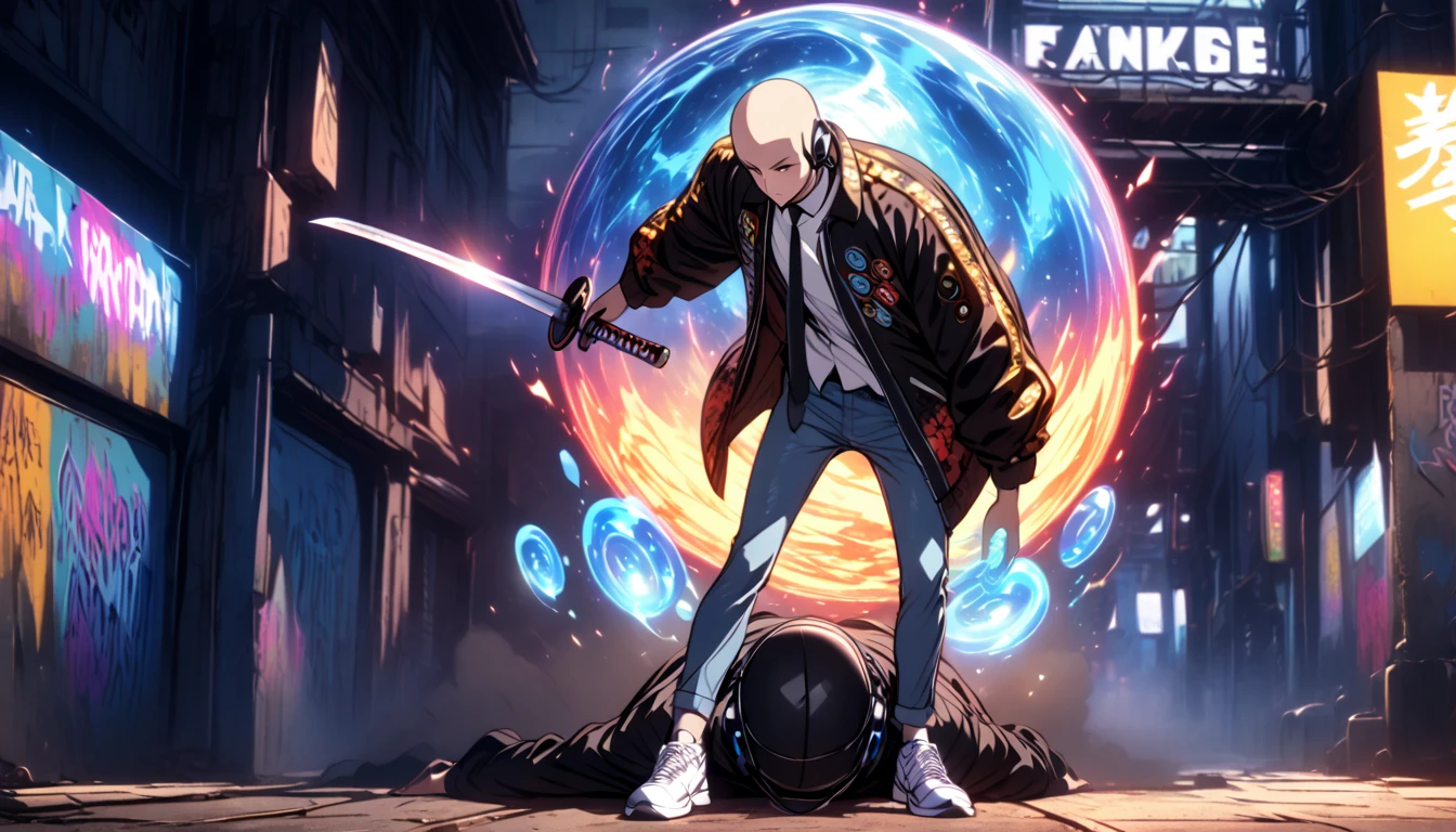 boy, bald, Small neck, white collar , black tie,  jeans, Shirt off the pants , Grafitti jacket, white sneakers, standing, Headset around the neck, 1,69 tall. normal body, holding katana in the right hand and energy orb in the left hand.