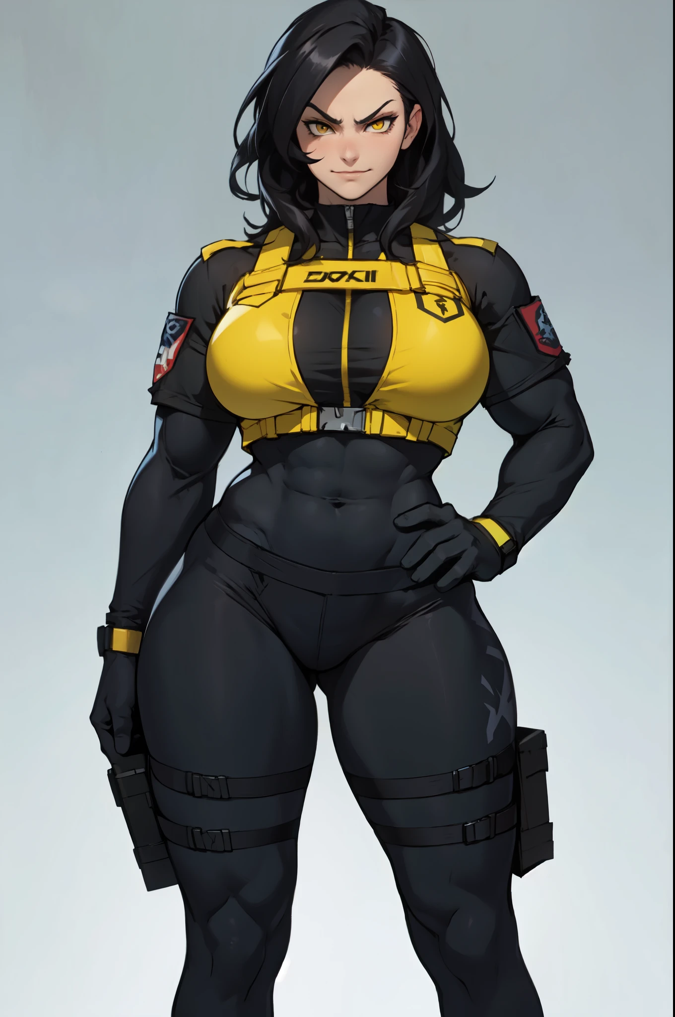 girl (1girl muscular grey background pale skin bodybuilder) toned body huge breasts (thin waist) black hair yellow eyes straight hair sweaty hair between eyes (pilot suit frwon)