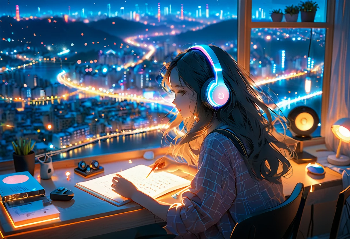 Beautiful girl studying in her room while listening to music with headphones、long hair、Warm indirect lighting、Beautiful cityscape from the room window、Japanese anime style、