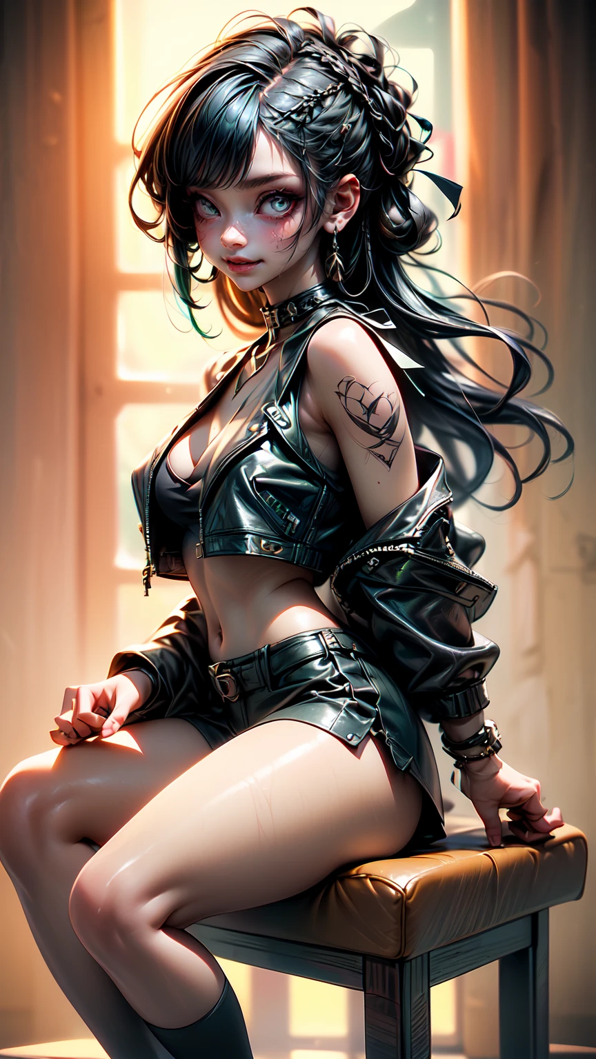 (masterpiece), 1girl, perfect details, expressive eyes, beautiful face, mascara, red cheeks, green eyes, black lipstick, goth makeup, mascara, black hair, braids, cleavage, voluptuous figure, muscular physique, wide shoulders, abs, tattoo on belly, punk leather jacket, black tank top, choker, hand bands, cowboy leather pants,  high quality, ((Semi-Realism)), anime studio style, sitting on chair, birthday cake, ((birthday cake focus view)), smiling to you, ((smiling radiant)), sitting sultry , 