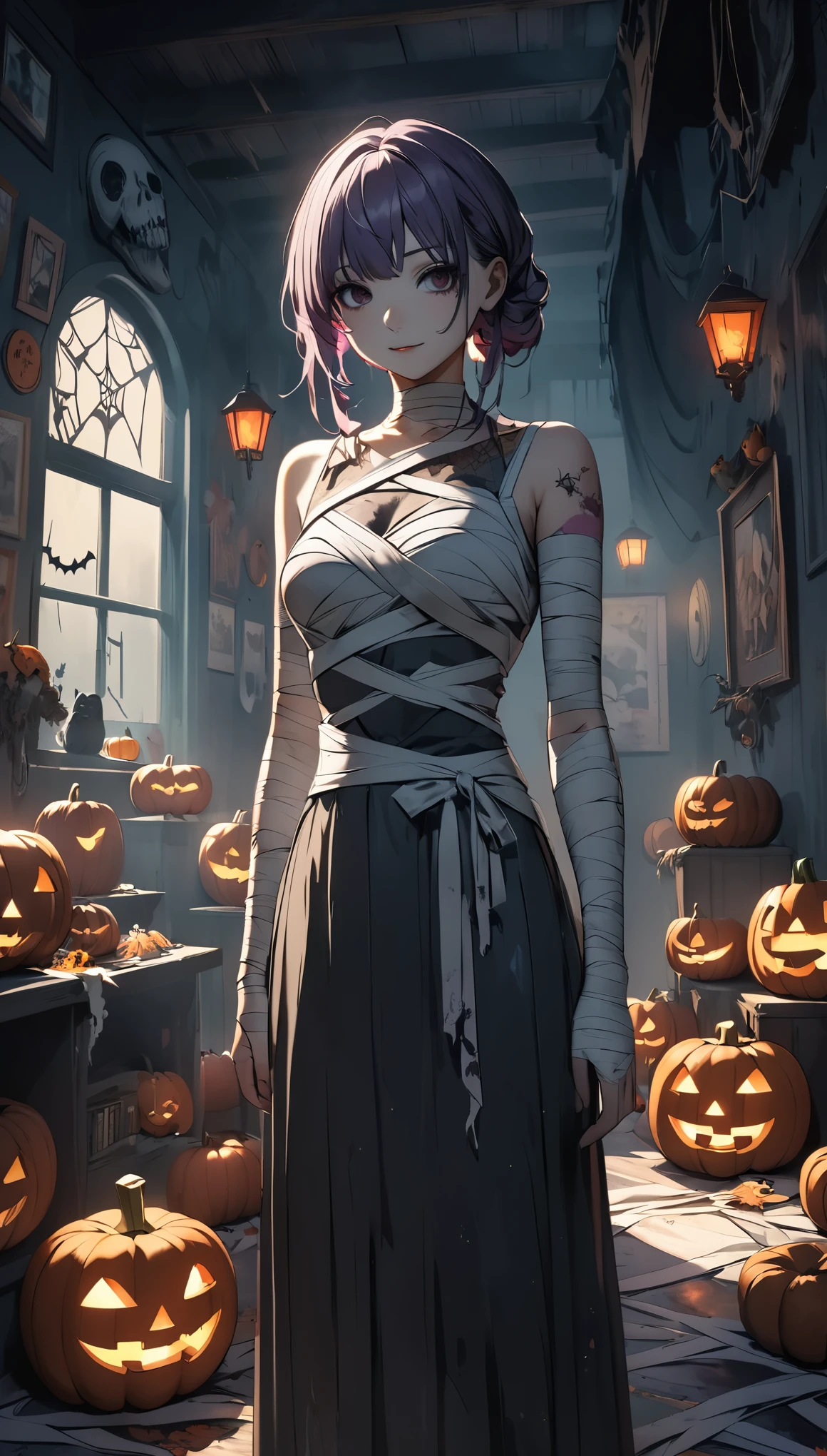  Bandaged Mummy、 Halloween Art 、(Best Quality、4K、8k、 Kampala、masterpiece:1.2)、Super detailed、( anime style、 studio anime、 anime paint:1.37)、 Detailed Bandages 、Intricate Wrapping 、 Spooky Vibes 、Dark Shadows、 Moody Lighting 、Gothic Horror、 Cinematic Composition 、 Spooky Aesthetics 、October、 Jack O Lanterns 、Spider web、Haunted House、 calm color 、 Grunge Textures 