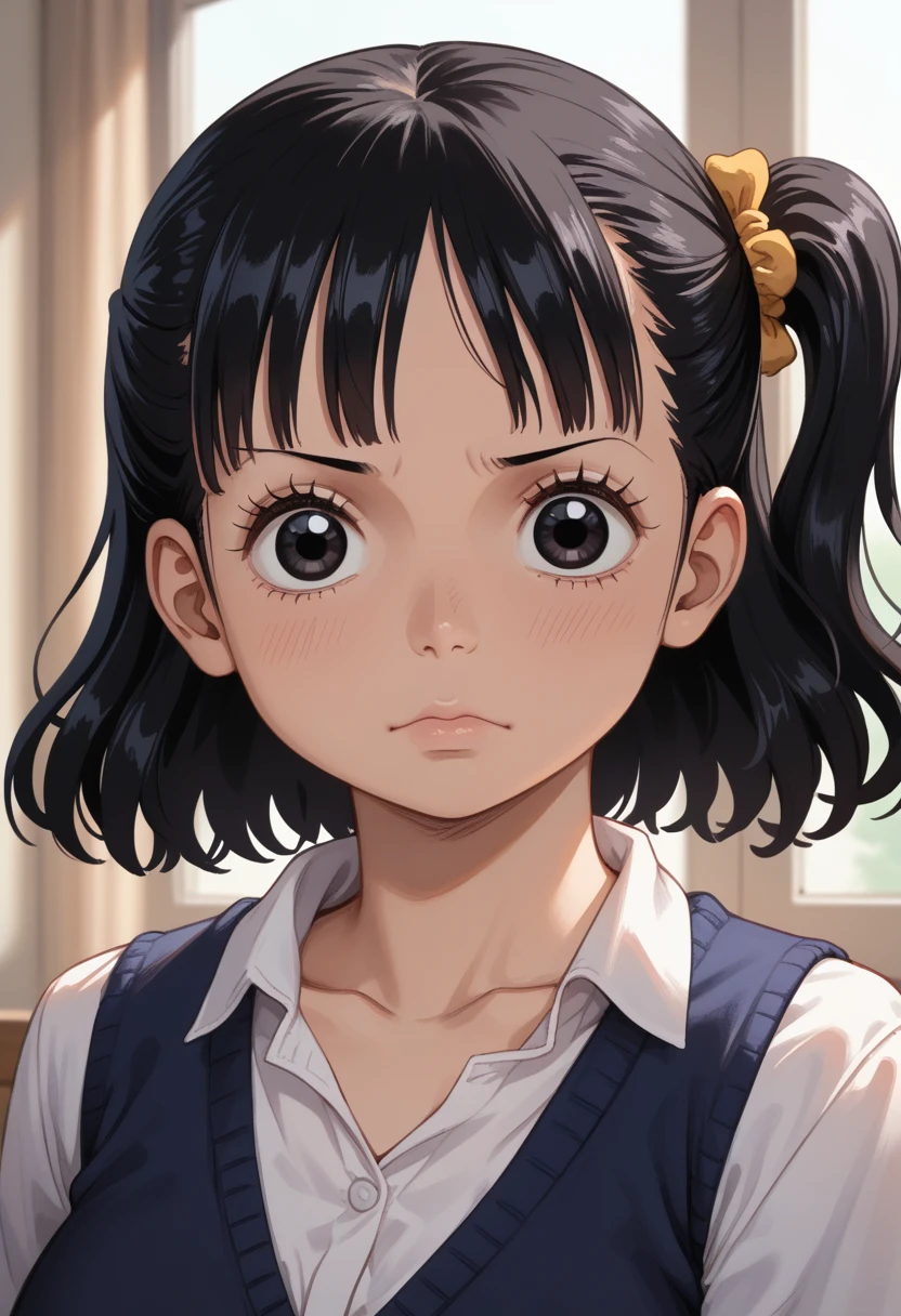 (1girl:1.3), Masterpiece, Best quality, amazing beauty, 4K, absurdres, finely detail, super detailed eye, perfect anatomy, official art, cinematic lighting, BREAK, living, silky side ponytail, (black hair:1.5), super shiny detailed black eye, tareme, round face:1.5, (((young face:1.5))), BREAK , big breasts:1.2, (((petite))), (((short stature;1.5))), (chubby:1.1), (((:1.5))), (((Young body:1.2))), , BREAK , (one piece:1.2), BREAK,()