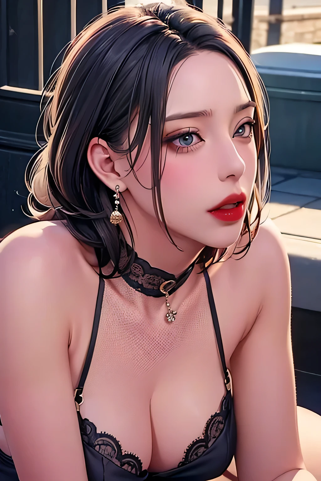 On the Street, light gray reflective clothing (none),cosmetic,(Lipstick:1.1),(Eyeliner:1.2),mascara,Eyeshadow,Outdoor Activities,earrings,necklace, black pantyhose ,Wrinkles around eyes,Oral wrinkles,High Aims颈部针织紧身裙,Full body shot, Asian Japanese women ,65 years old,Big eyes, elegant temperament elegant temperament ,(masterpiece:1.2, Best Quality ),practical,(Reality,45 years old, intricate detail, Depth of Field,High Aims脖子衣服),careful,Very detailed content, this is a perfect face , perfect body ,big model, Mature Woman ,High Aims, black silk garter belt ,8k, best quality,masterpiece, ultra-high resolution,(realistic:1.4),Original photo,Stay focused,detail,dramatic,Exquisite beauty,( tall straight :1.1),( fat goddess desetallic high neck dress,High Aims领合身裙),Half butterfly earrings, Double ring necklace, (: 1.05), (65 years old, : 1.4), Long curly hair, Dynamic angle , (Red lips) beautiful graphics, light gray reflective fishnet stockings , High Aims鞋跟