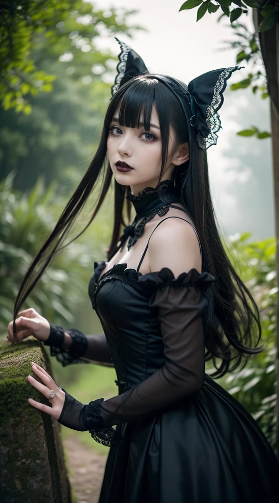 female sexy vampire|albino, pale porcelain skin, sexy vintage black dress, black panties, fishnet, (6 years old, loli:1.8), smile, shallow depth of field, grin|creepy, nightfall, detailed face, night, wide hips, narrow waist, portrait of woman standing, detailed eyes, portrait of woman standing, 8k RAW photo, highest quality, looking at the viewer, best shadow, intricate details, white hair, pigtails, cute, bright white eyes, mascara, eyeshadow, gothic makeup, (night:1.4), dark forest, night, grave, gothic, goth detailed, highres, high qualilty, high saturation