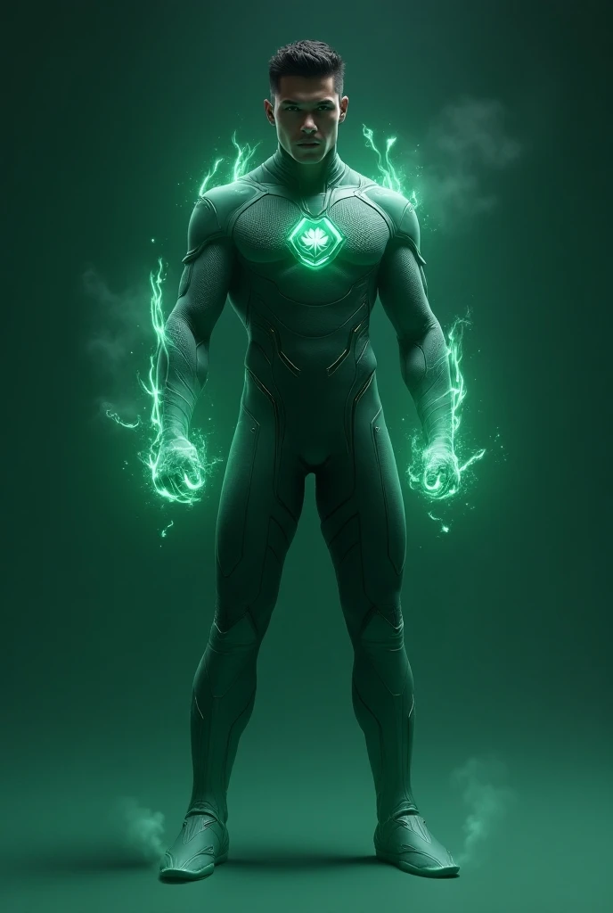 A superhero, naughty man, with healing power and a green power coming out of his hands and with white and green clothes