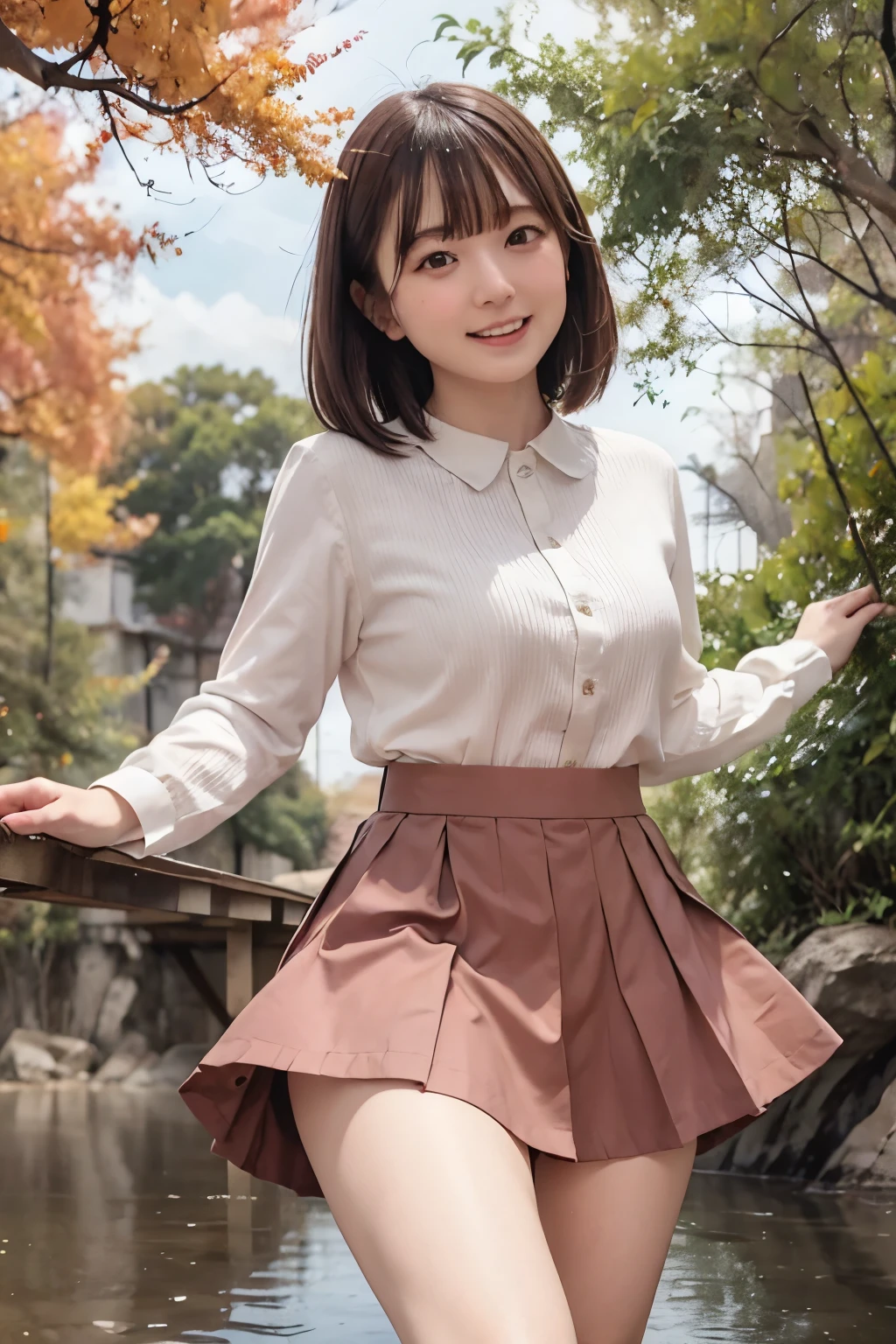 8k, raw photo, best quality, hires, realistic, photorealistic, extremely detailed 8k wallpaper, beautifully detailed eyes, finely detailed face, 
 break 
rim lighting, 
 break 
golden glowing yellow gingko trees:1.1, shan, 
 break 
perfectly anatomically correct:1.1, 
 break 
1 female, kawaii:1.3, very short layered hair, 
(wearing sober colored neat skirt suit:1.1), 
cheerfully with opening mouth:1.0, 
symmetrical clear eyes, chocolate color eyes with captivating reflections, 
[
symmetrical face line, stereographically baby face, 
[chiseled face, round face, (rounded chin), [double eyelids, moderate eye bags, small eyes:1.0, wide-set eyes, tareme, almond-shaped eyes], 
slope lips, [thick lips], [small nose], [[embarrassed, blush], white skinned]], 
seventeen, 
]
(showing off perineum:1.1), 
[open legs widely], 
looking down viewer:1.0, 
 break 
sfw:1.0, 
 break 
[dynamic angle], from below:1.0, bokeh:1.1