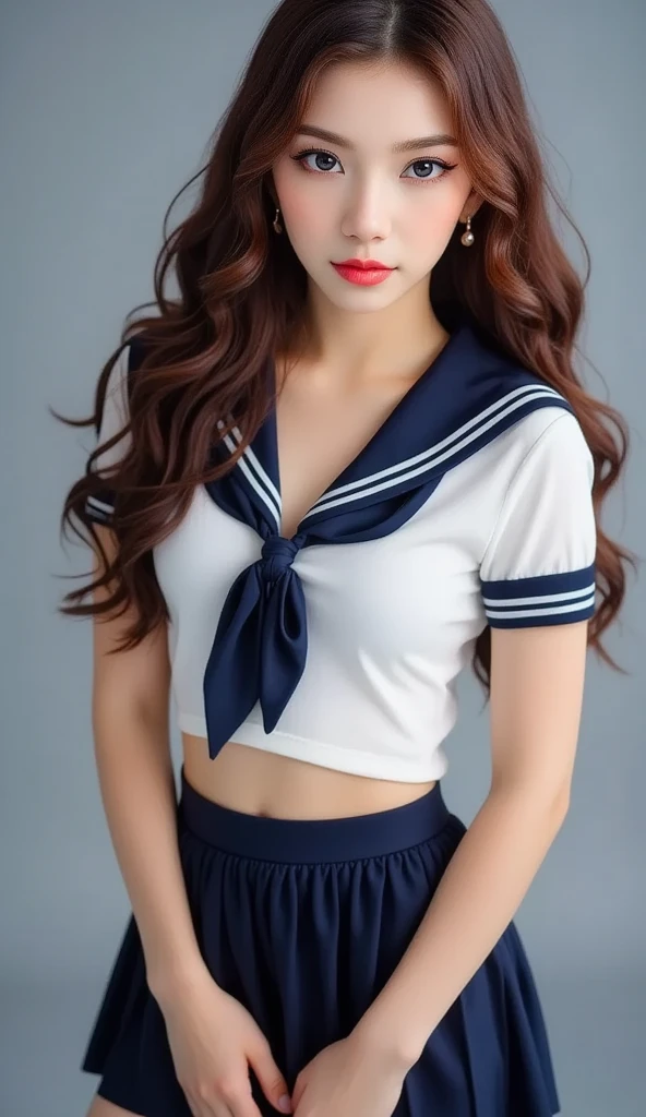 perfect composition, Proper placement, close, Beautiful Women, Mary DR., Brown Hair, Long Cut Hair, Brown eyes:1.21, Clear Eyes,  Perfect beauty, compensate, Pink lipstick:0.98, Perfect Anatomy, Small head, The classic sailor uniform from a prestigious metropolitan high school, White uniform, Short-sleeved sailor uniform:1.21, I can see your belly, Navy blue pleated mini skirt, Perfect beauty, Like a positive movie:1.21, (A photograph of a film frame captured on positive film:1.5), Gray simple background, sexy, orgasm, , Dramatic lighting, 