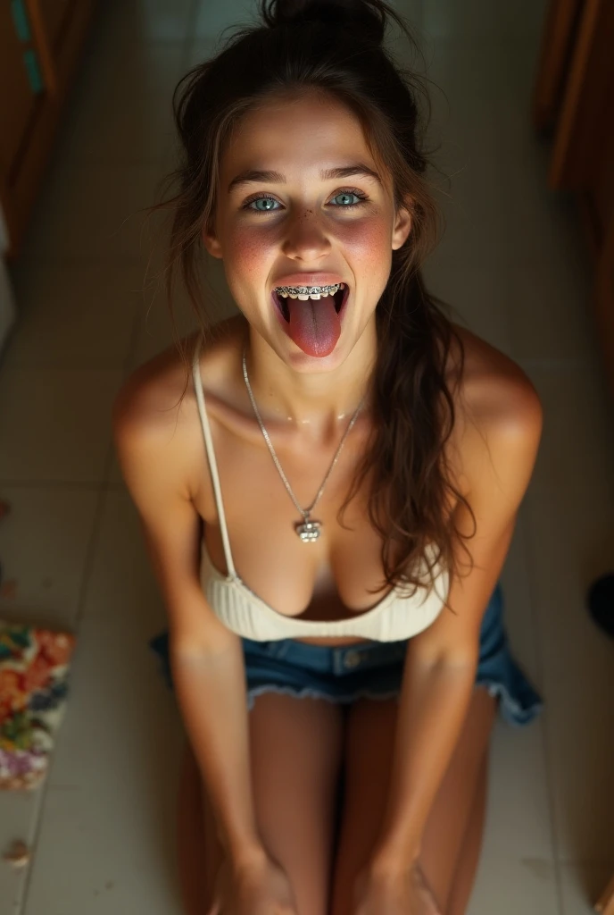 (cute 18yo Welsh girl's face and body by J. Scott Campbell and Chris Leib and Brad Kunkle:1.45), (brown_haired:1.15), (huge smile:1.05), v neck evening gown, (big bright eyes:1.05),top down POV on the sitting on the floor with her mouth open, naked, tounge Out