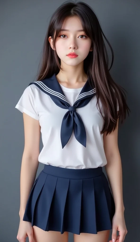 perfect composition, Proper placement, close, Beautiful Women, Nat DR., Brown Hair, Long Cut Hair, Brown eyes:1.21, Clear Eyes,  Perfect beauty, compensate, Pink lipstick:0.98, Perfect Anatomy, Small head, The classic sailor uniform from a prestigious metropolitan high school, White uniform, Short-sleeved sailor uniform:1.21, I can see your belly, Navy blue pleated mini skirt, Perfect beauty, Like a positive movie:1.21, (A photograph of a film frame captured on positive film:1.5), Gray simple background, sexy, orgasm, , Dramatic lighting, 