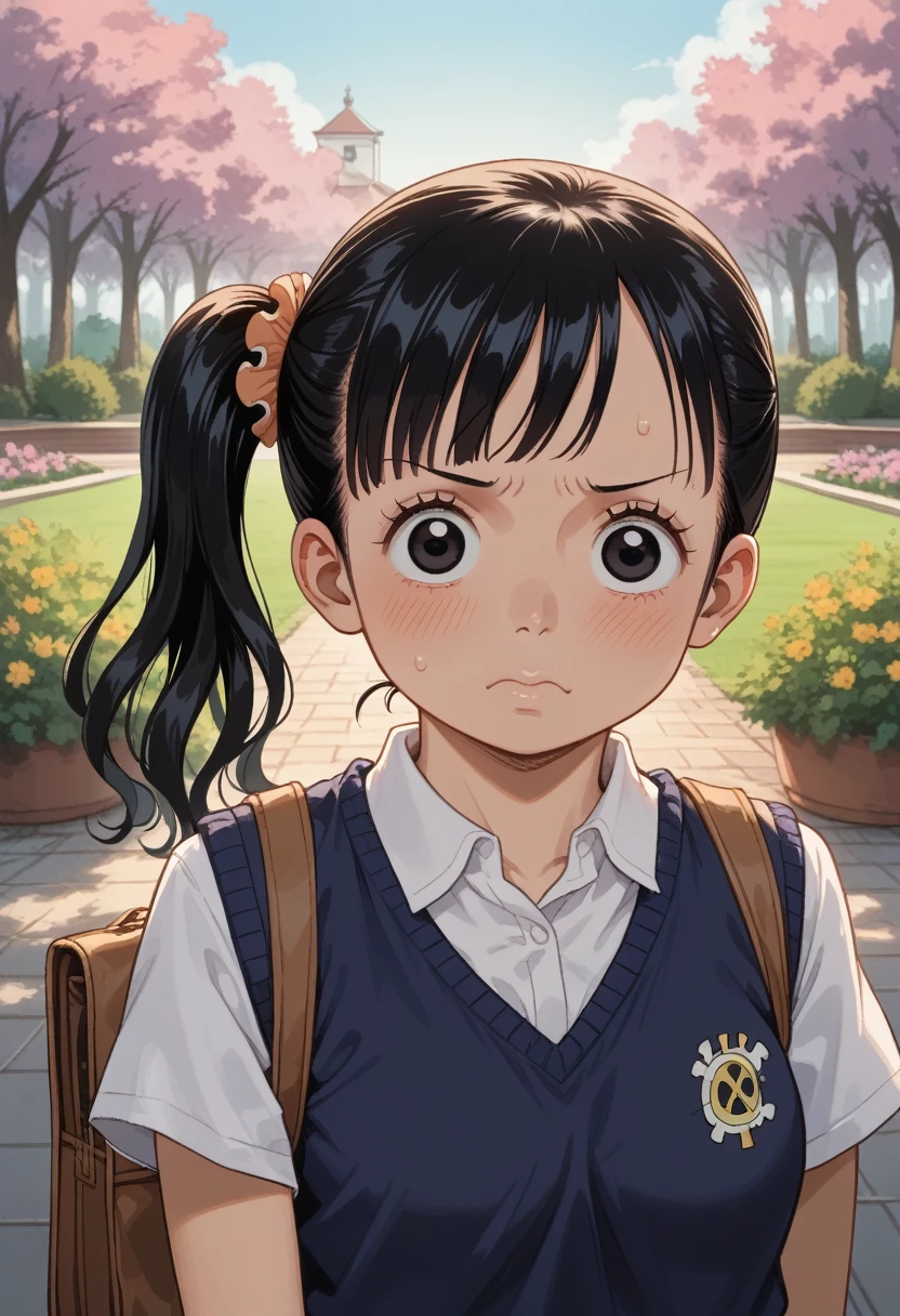 (1girl:1.3), Masterpiece, Best quality, amazing beauty, 4K, absurdres, finely detail, super detailed eye, perfect anatomy, official art, cinematic lighting, BREAK, garden, silky side ponytail, (black hair:1.5), super shiny detailed black eye, tareme, round face:1.5, embarrassed, (((young face:1.5))), BREAK , big breasts:1.2, (((petite))), (((short stature;1.5))), (chubby:1.1), (((primary school student:1.5))), (((Young body:1.2))), , BREAK , (one piece:1.2), BREAK,()