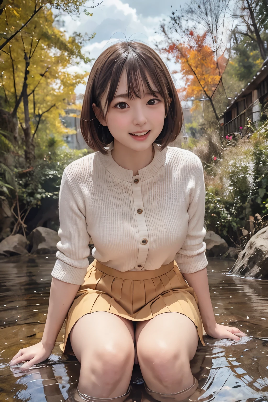 8k, raw photo, best quality, hires, realistic, photorealistic, extremely detailed 8k wallpaper, beautifully detailed eyes, finely detailed face, 
 break 
rim lighting, 
 break 
golden glowing yellow gingko trees:1.1, shan, 
 break 
perfectly anatomically correct:1.1, 
 break 
1 female, kawaii:1.3, very short layered hair, 
(wearing sober colored neat skirt suit:1.1), 
cheerfully with opening mouth:1.0, 
symmetrical clear eyes, chocolate color eyes with captivating reflections, 
[
symmetrical face line, stereographically baby face, 
[chiseled face, round face, (rounded chin), [double eyelids, moderate eye bags, small eyes:1.0, wide-set eyes, tareme, almond-shaped eyes], 
slope lips, [thick lips], [small nose], [[embarrassed, blush], white skinned]], 
seventeen, 
]
(showing off perineum:1.1), 
[open legs widely], 
looking down viewer:1.0, 
 break 
sfw:1.0, 
 break 
[dynamic angle], from below:1.0, bokeh:1.1