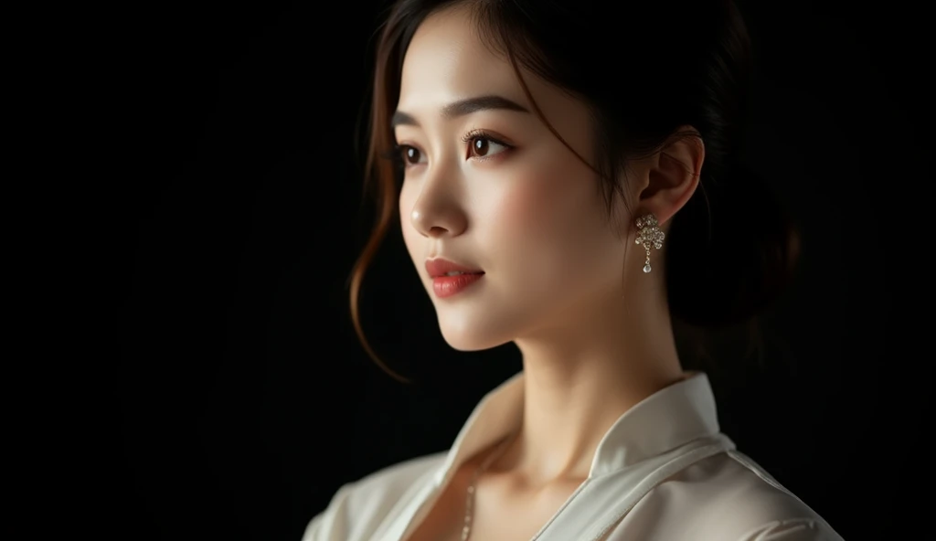 A beautiful Vietnamese woman wearing a traditional ao yem, adorned with delicate jewelry, in a clear, dreamy, and soft style. The black background is gentle and minimal, with natural lighting creating a pure, serene atmosphere. Her jewelry sparkles subtly, enhancing her graceful beauty. The image is simple yet elegant, capturing the timeless charm of Vietnamese tradition