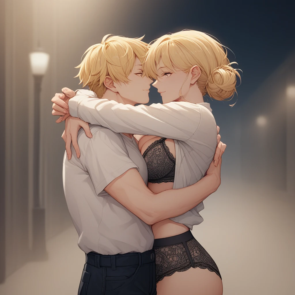  Anime girl, at night, cinematic lighting, lace underwear, lace bra (highly detailed : 1.3), (The content very detailed : 1.3), (big breasts : 1.1), (thick tighs : 1.1), opened shirt, blonde hair, anime girl hugging a man,