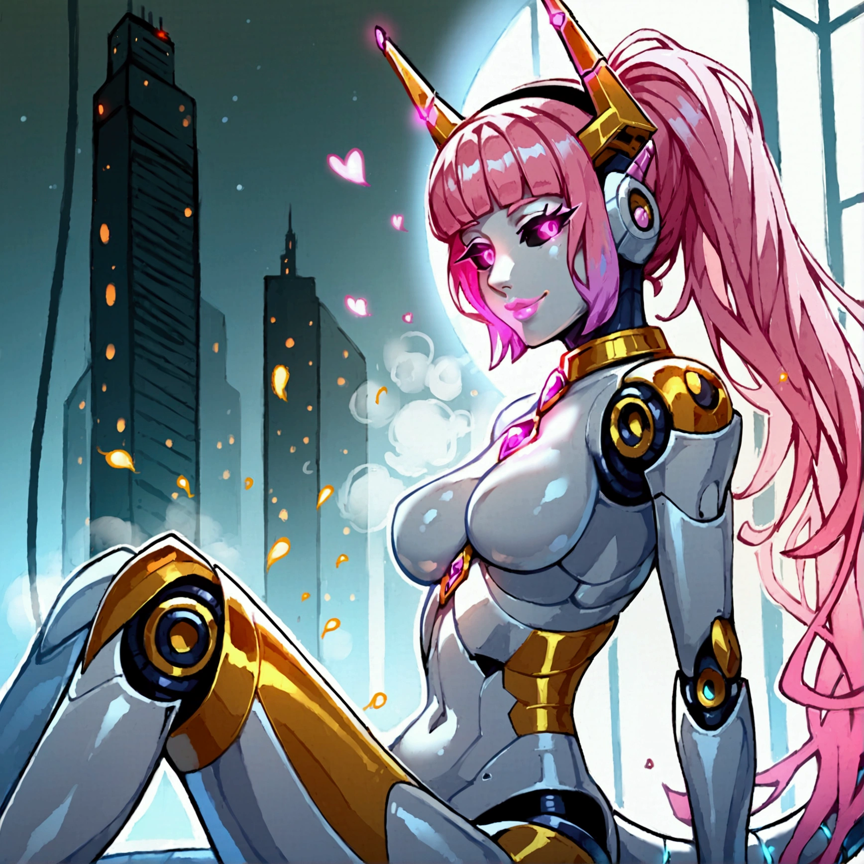 knee up, thigh up, standing character, pinup pose,  Score_9, score_8_up, score_7_up, score_6_up, source_anime, solo, 1girl,  BREAK, (machina), transformation, transforming into a robot, robot, glowing eyes, ,  BREAK,  robot ears, mechanical horns, mechanical tail, cables connected to head, high heels, slim waist, midriff, iridescent skin, , shiny skin, iridescent shine, plastic white skin, skin made of white latex, latex robot skin, gold choker, gold armlet, gold neck, built in high heels, gold heels, mechanical legs, gold thigh strap, white latex skin, iridescent white skin, iridescent gloss, white skin skin, plastic skin, iridescent skin, glossy skin, extremely shiny skin, robot arms, robot legs, robot ears,  shiny skin, robotic, glowing pink mouth, pink lips,  reprogramming, Pink eyes, black sclera, sparks, steam, soft breasts, enormous breasts , iridescent hair, lilac hair.  Scene: Robot woman, Her new body is made of chrome and gold, her body has seams, the seams on her mechanical body glow lilac, glowing seams, her mechanical neck is made of gold, and she has a mechanical spaded tail. She is exuding steam and sparks, her breath faintly glows purple, her breasts have no nipples. Lifting her own breast, she is smiling. Gigantc breasts, h cup.  mechanical horns, glowing horns, mechanical ears. Plastic hair, mechanical hair two tone hair. lilac hair with pink highlights. glowing mechanical fox ears made of metal. cupping her own breasts. warm smile. purple and pink hair. long hair, hime cut. Luxurious apartment, glass screen, futuristic cityscape, skyscrapers, city lights, full moon, penthouse, golden jacuzzi , rose petals, sitting at the edge of a bubblebath