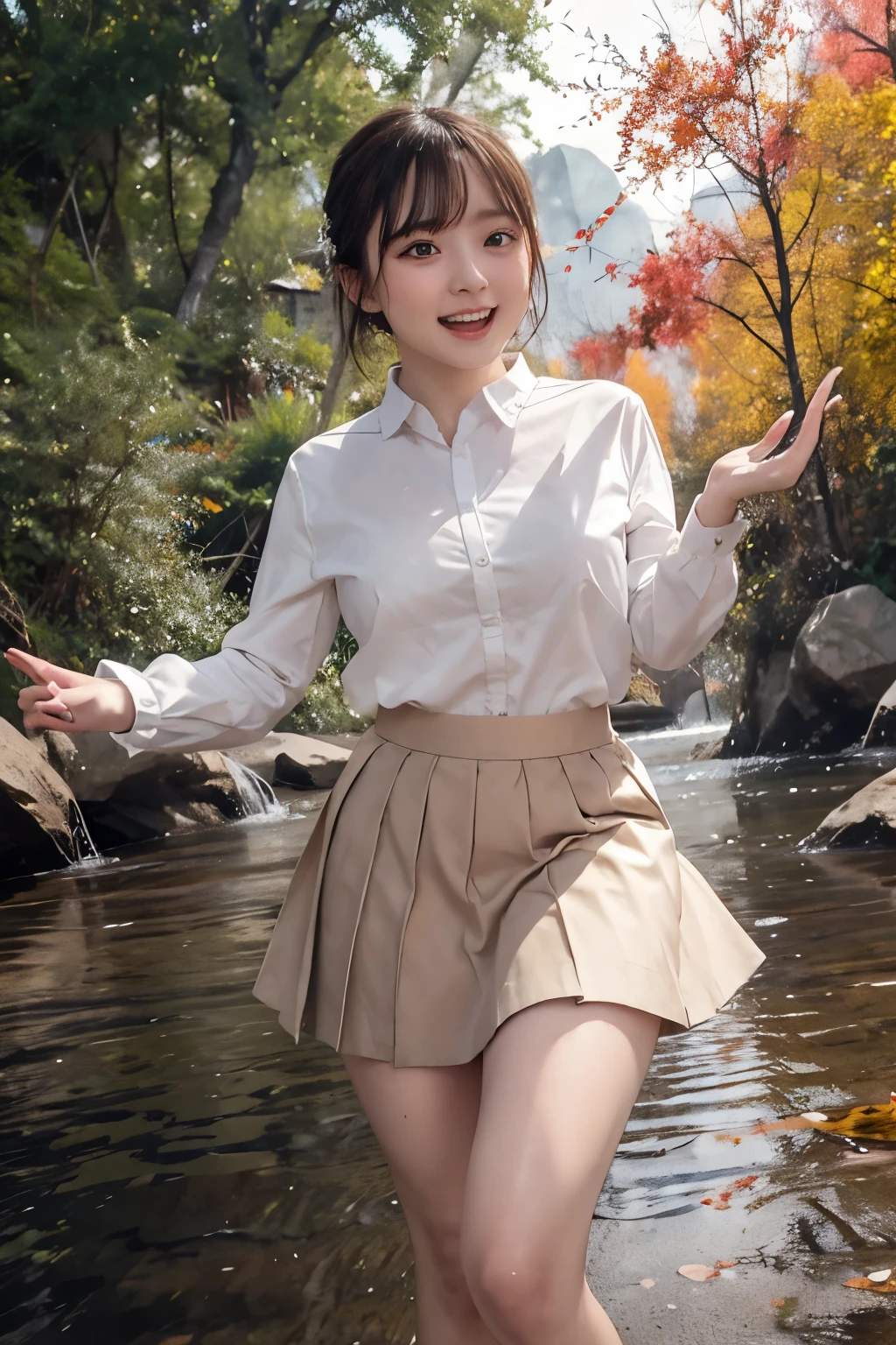 8k, raw photo, best quality, hires, realistic, photorealistic, extremely detailed 8k wallpaper, beautifully detailed eyes, finely detailed face, 
 break 
rim lighting, 
 break 
golden glowing yellow gingko trees:1.1, shan, 
 break 
perfectly anatomically correct:1.1, 
 break 
1 female, kawaii:1.3, very short layered hair, 
(wearing sober colored neat skirt suit:1.1), 
cheerfully with opening mouth:1.0, 
symmetrical clear eyes, chocolate color eyes with captivating reflections, 
[
symmetrical face line, stereographically baby face, 
[chiseled face, round face, (rounded chin), [double eyelids, moderate eye bags, small eyes:1.0, wide-set eyes, tareme, almond-shaped eyes], 
slope lips, [thick lips], [small nose], [[embarrassed, blush], white skinned]], 
seventeen, 
]
(showing off perineum:1.2), 
[open legs widely], 
looking down viewer:1.0, 
 break 
sfw:1.0, 
 break 
[dynamic angle], from below:1.0, bokeh:1.0