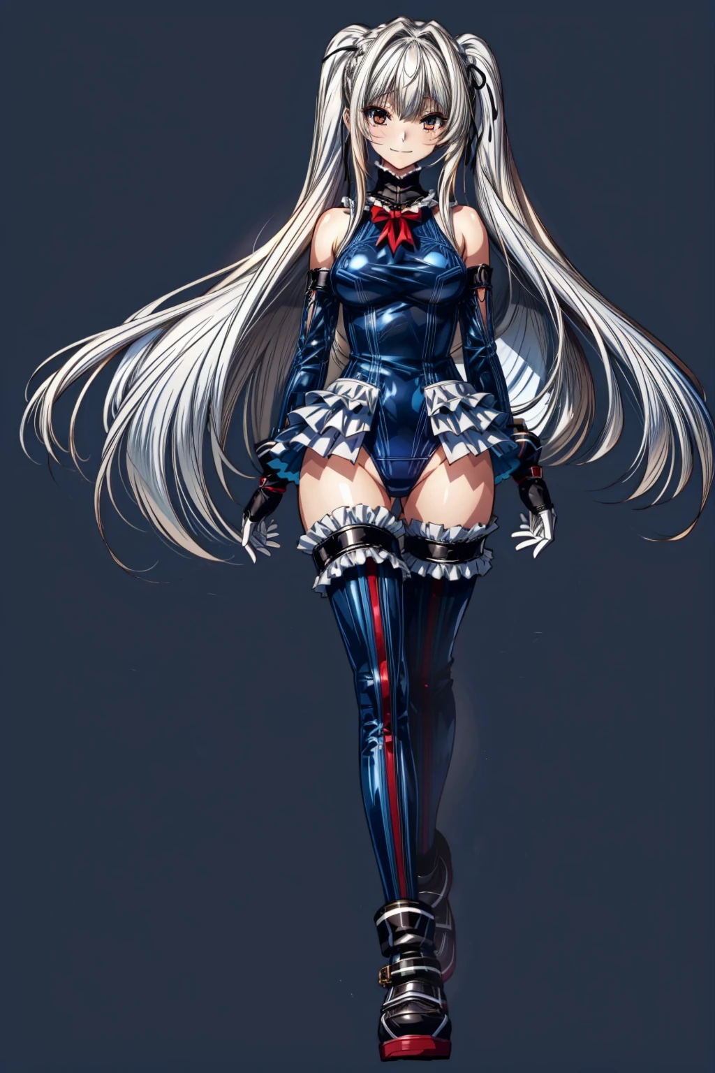  perfect anatomy, Best Quality, Marie Rose,Bad Smile,Provocative attitude
,(white background, simple background, ),Bad Smile, anime style,(frilled swimsuit, thighhighs, detached sleeves), ( anime style:1.4) ,
Silver Hair,(White Fingers:1.1, black gloves), very long hair, Evil Aura ,(full body:1.2)