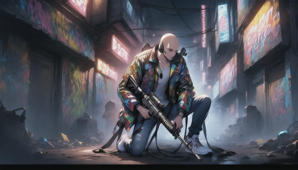 boy, bald, Small neck, white collar , black tie,  jeans, Shirt off the pants , Grafitti jacket, white sneakers, standing, Headset around the neck, 1,69 tall. normal body, holding an M16 gun with the right hand.