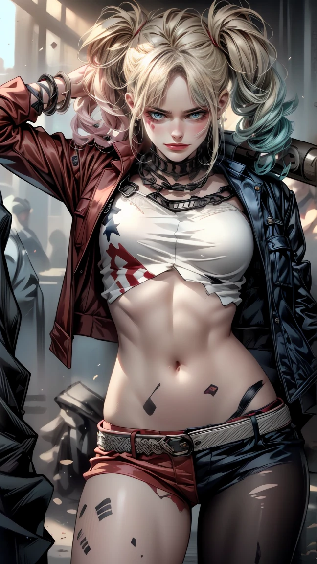 ((((( various poses ))))) Harley Quinn from Suicide Squad, slim body, short hair, eroticism, gun in hand, total height (Full Body 1.1.),  smile with a wide smile , Scream, sensual eyes, foreground, I look at the viewer, 8k, high quality, Highly Detailed Eyes, elongated face, cyber-realism, beautiful eyes, realistic,  high quality , thick, portrait, beautiful eyes, silky hair, slender body, hair on one side, hot lips, Eyes of the same size, young face, High legs , Highly Detailed Eyes, shiny body, tattoos, pink hair, detailed eyes, freckles, eyes of the same color, sexual, way a way, SPLIT, visible navel, (intricate details),
((((( various poses ))))),( intricate details ),
sunlight, depth of field,
 cowboy shot
BREAK
A girl , 
( curvy body),  thin waist, big boobs
Blond hair,  long braided hair , green eyes,