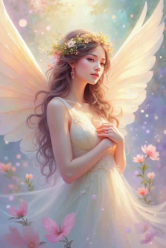 "A gentle angel with warm wings, softly smiling and holding their hands near their heart. The colors are pastel, with a focus on light pink, lavender, and cream tones. The lighting is soft and warm, giving a feeling of kindness and calm."