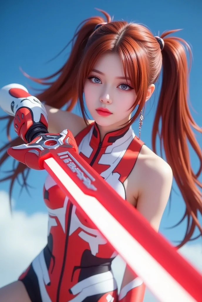 a detailed girl in mechanical red and white robot armor, Nat DR., holding a long red and white sword, flying dynamically through a blue sky, beautiful detailed eyes, lips, skin, long red hair in twin tails, red and white mechanical barrette, highly detailed patterns and shapes of the sword, glow of the sword blade and red beam emission effect, accurate depiction of the hand holding the sword, stabbing the viewer, cinematic lighting, vivid color, 3D rendering, professional photo resolution, award winning