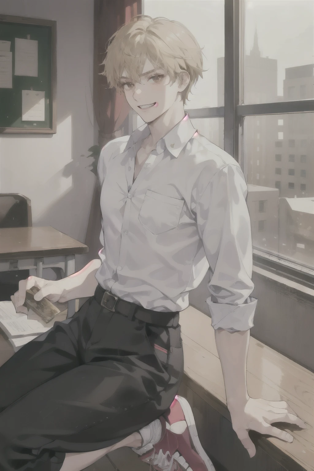 masterpiece, best quality, ultra detailed, (solo man), (male focus), Oblong face, Square jawline, honey blonde hair, short unkempt hair, ((sanpaku brown eyes)), medium skin, ((ugly)), ((badass)), slender body, {uniform, outfit, clothes}, dress shirts, sneakers, grin,white teeth, in school room