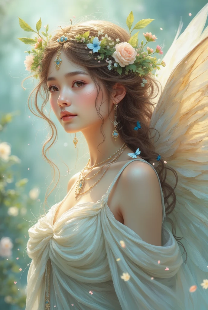 "An angel with soft, flowing wings and a thoughtful expression, looking out into the distance with a slight smile. The colors are gentle and muted, like soft blues and grays, with subtle lighting that creates a peaceful, introspective atmosphere."