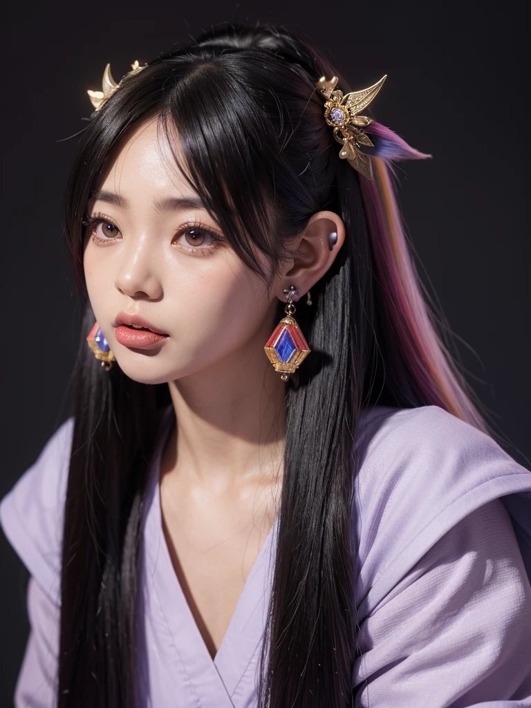 Yokai Oni girl , looking at the viewer ,  super detailed , UHD,  textured skin ,  long hair,  multicolored hair ,  crystal earrings , Pointed long ears, tongue, Behind the scenes,  crescent hair accessories, Hyperrealism, 